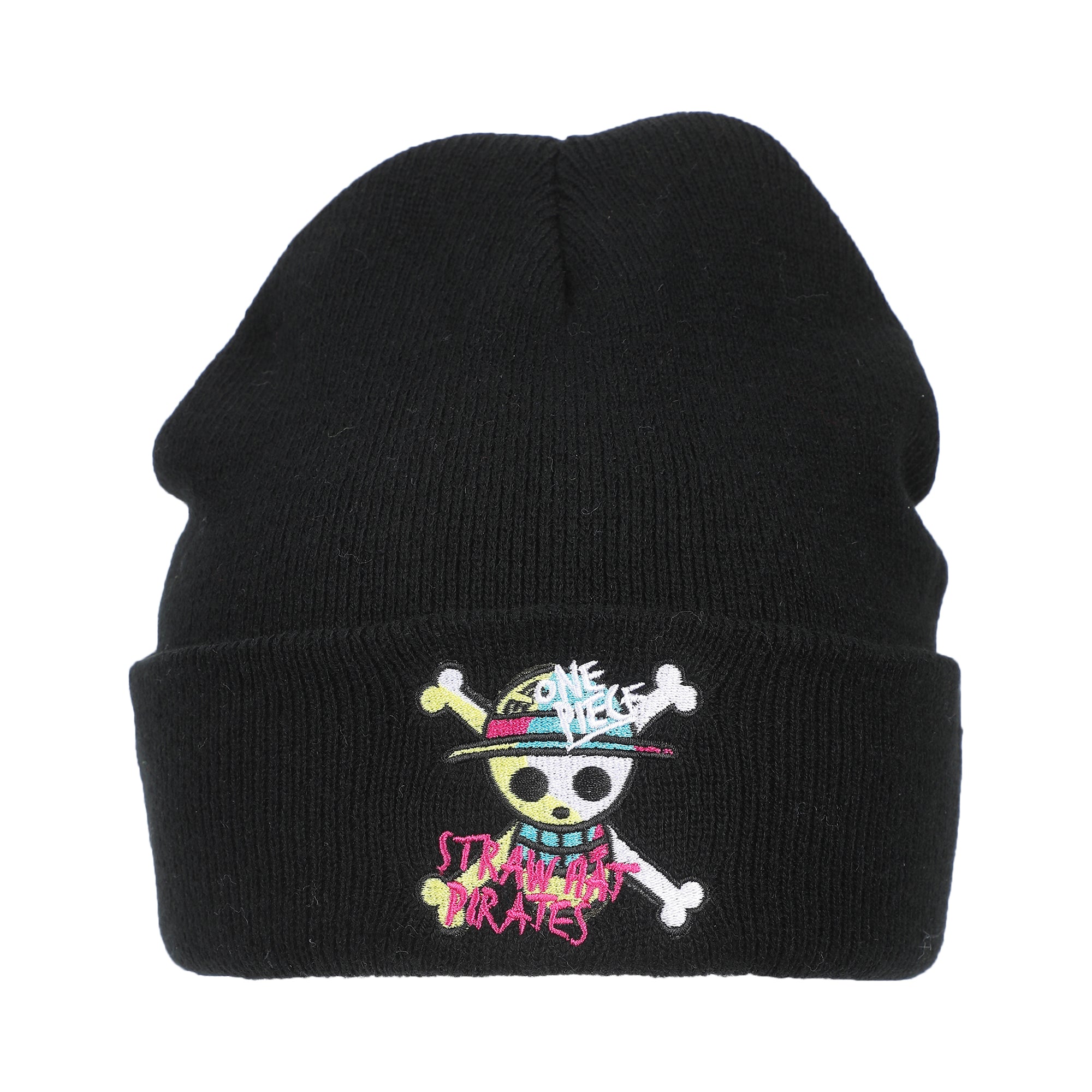 One Piece (Animated) Jolly Roger Pirate Cuff Embroidery On Ribbed Black Acrylic Knit Cuff Beanie