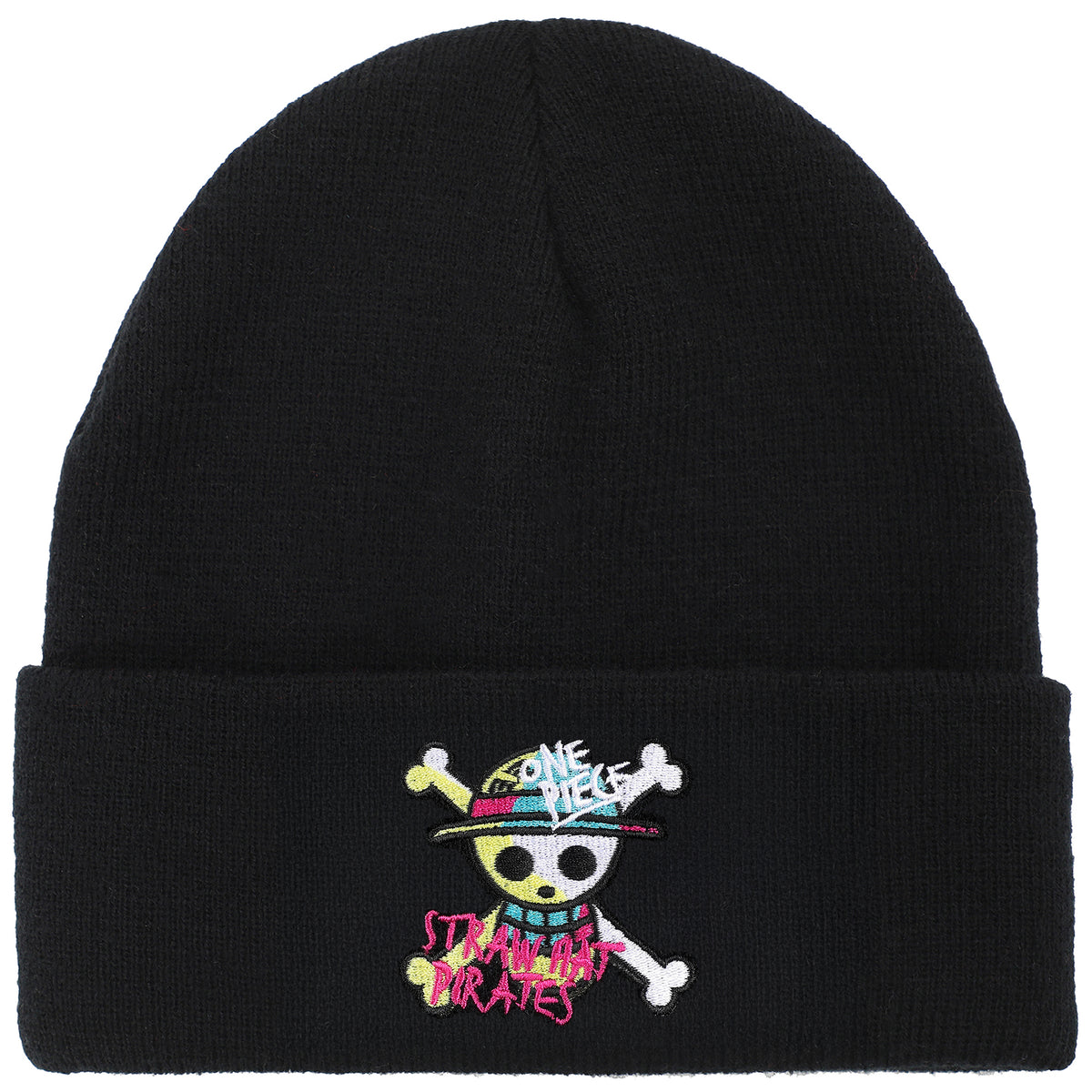 One Piece (Live Action) Jolly Roger Pirate Cuff Embroidery On Ribbed Black Acrylic Knit Cuff Beanie