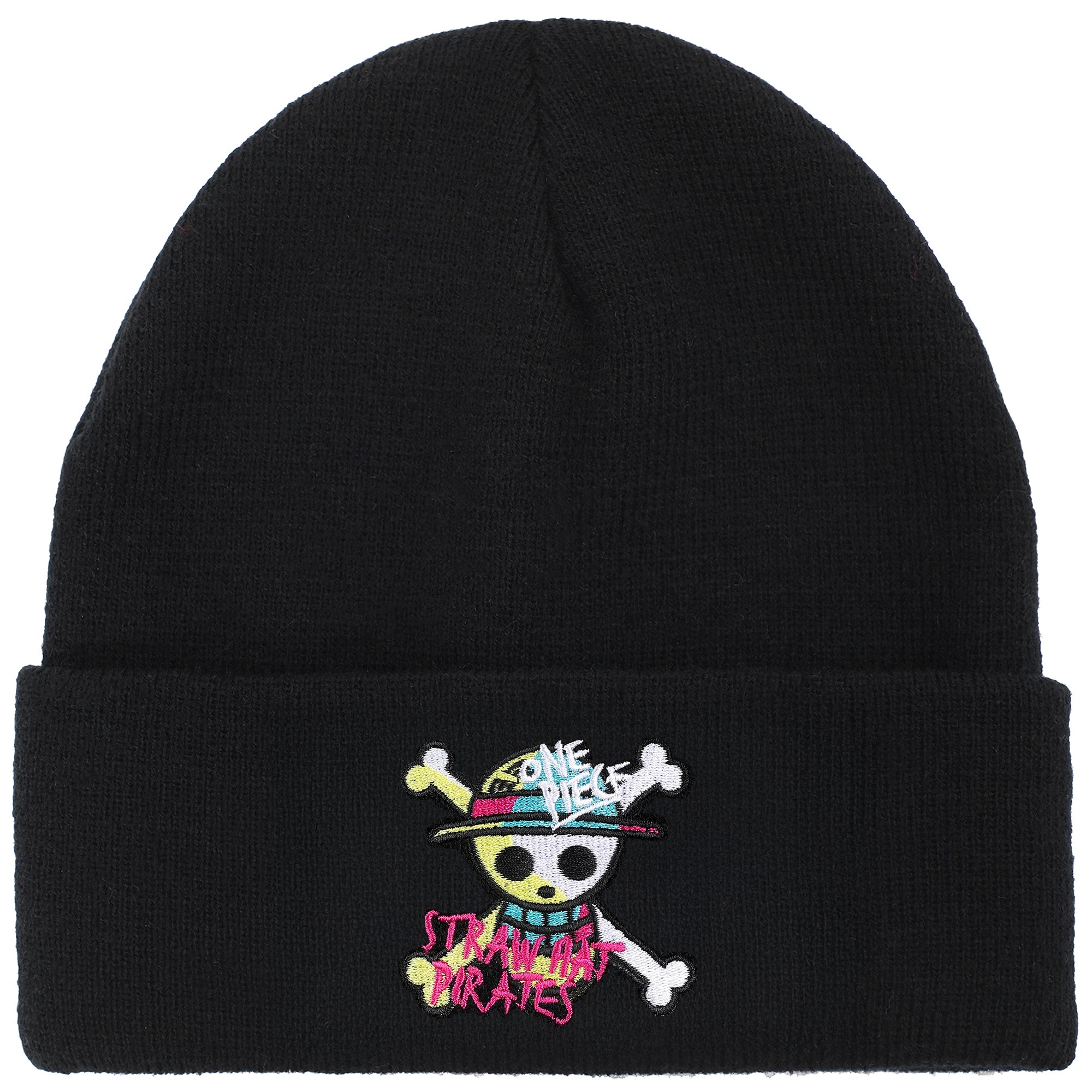 One Piece (Live Action) Jolly Roger Pirate Cuff Embroidery On Ribbed Black Acrylic Knit Cuff Beanie