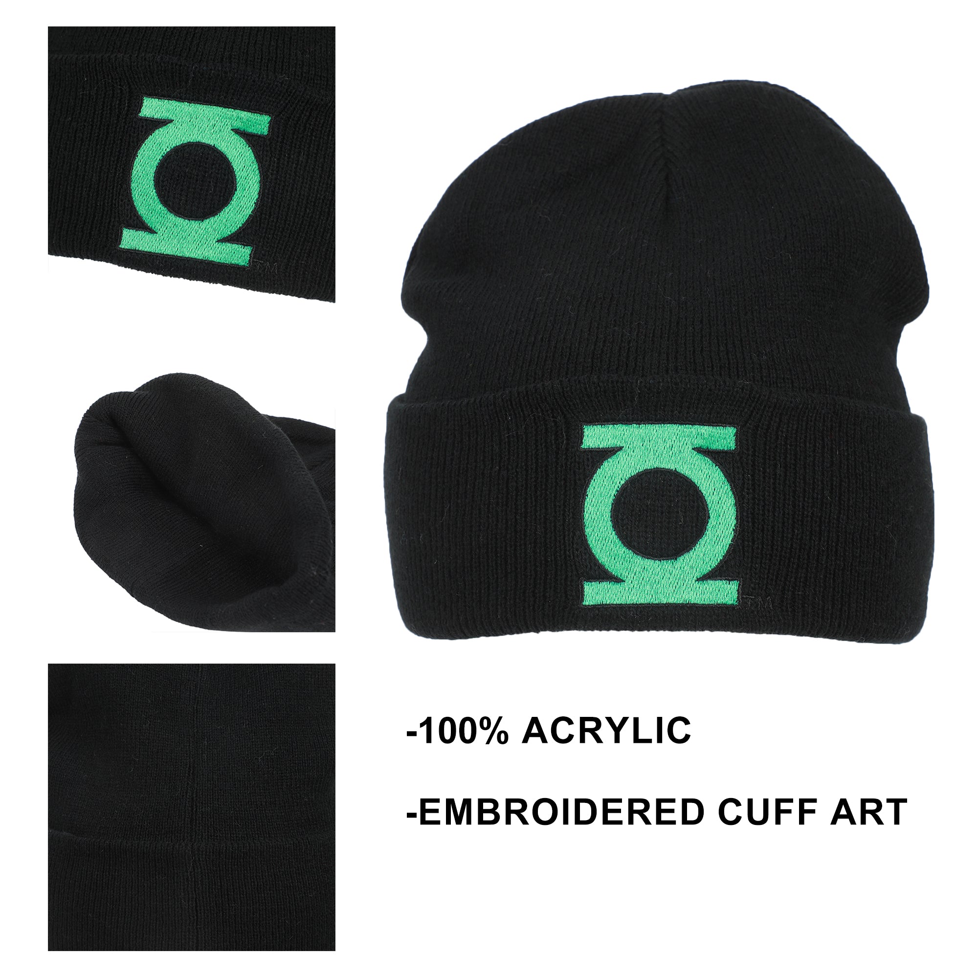 Green Lantern Logo Embroidery On Acrylic Knit Standard Cuff Beanie