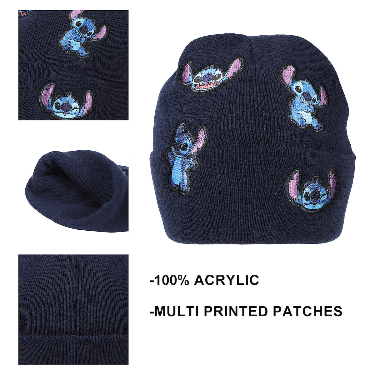 Disney Stitch Printed Character Patches Navy Cuff Beanie