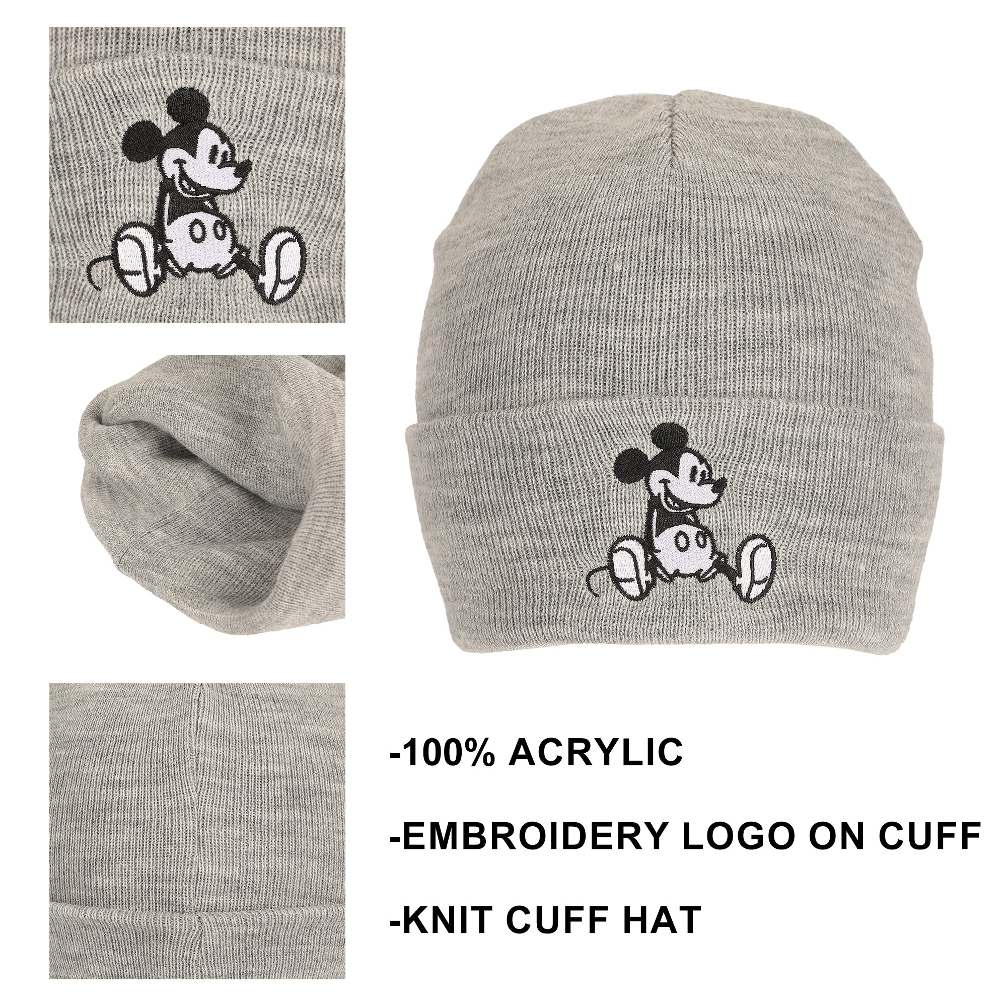 Mickey Mouse Embroidery Acrylic Knit Standard Cuff Beanie