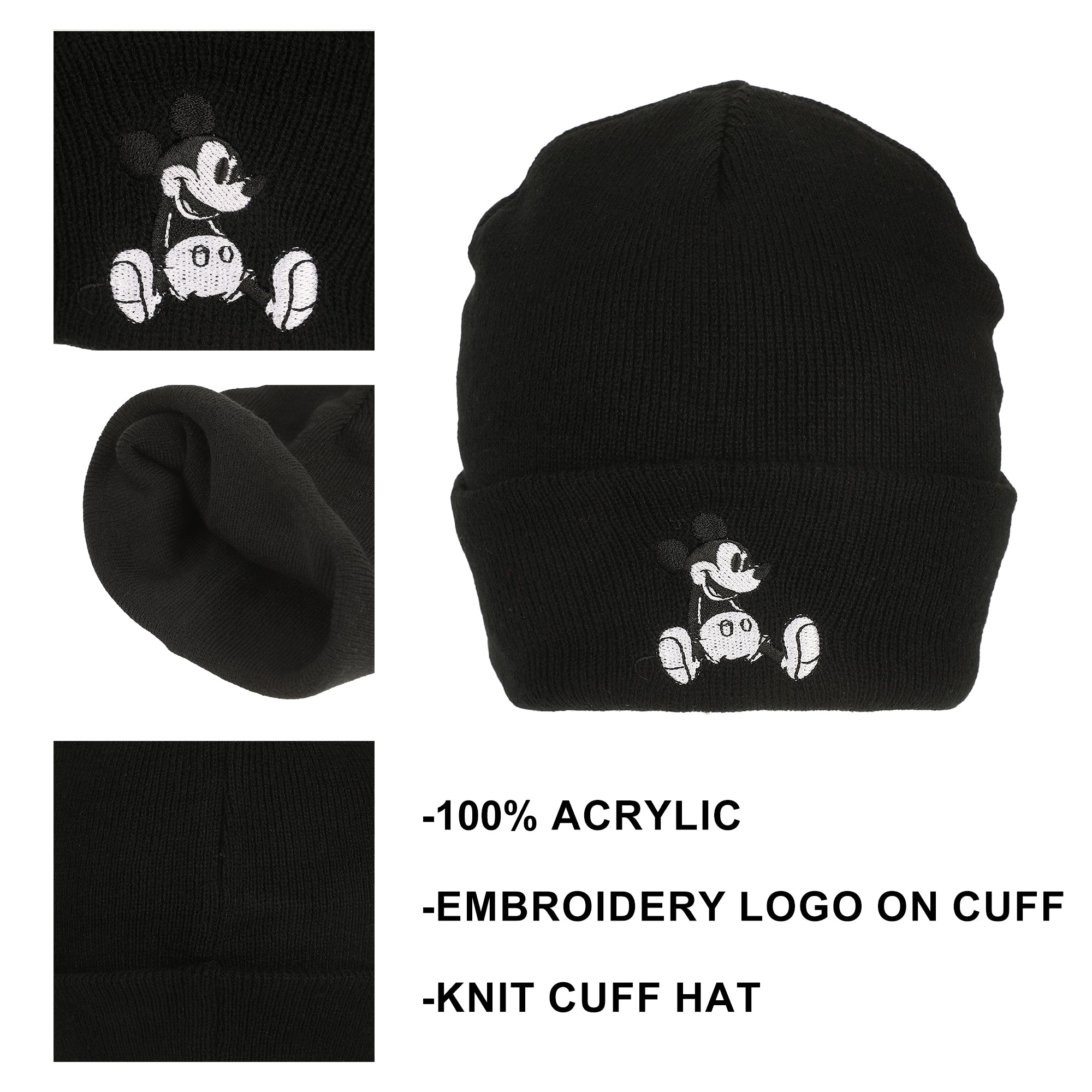 Mickey Mouse Embroidery Acrylic Knit Standard Cuff Beanie