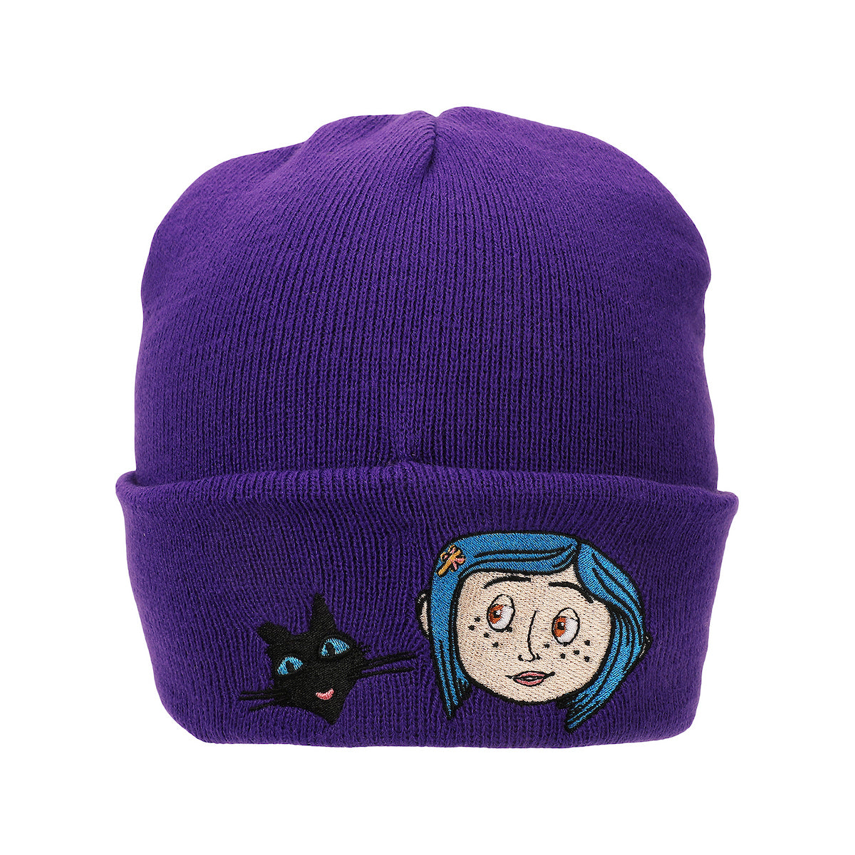 Coraline & Black Cat Character Art Purple Cuff Beanie