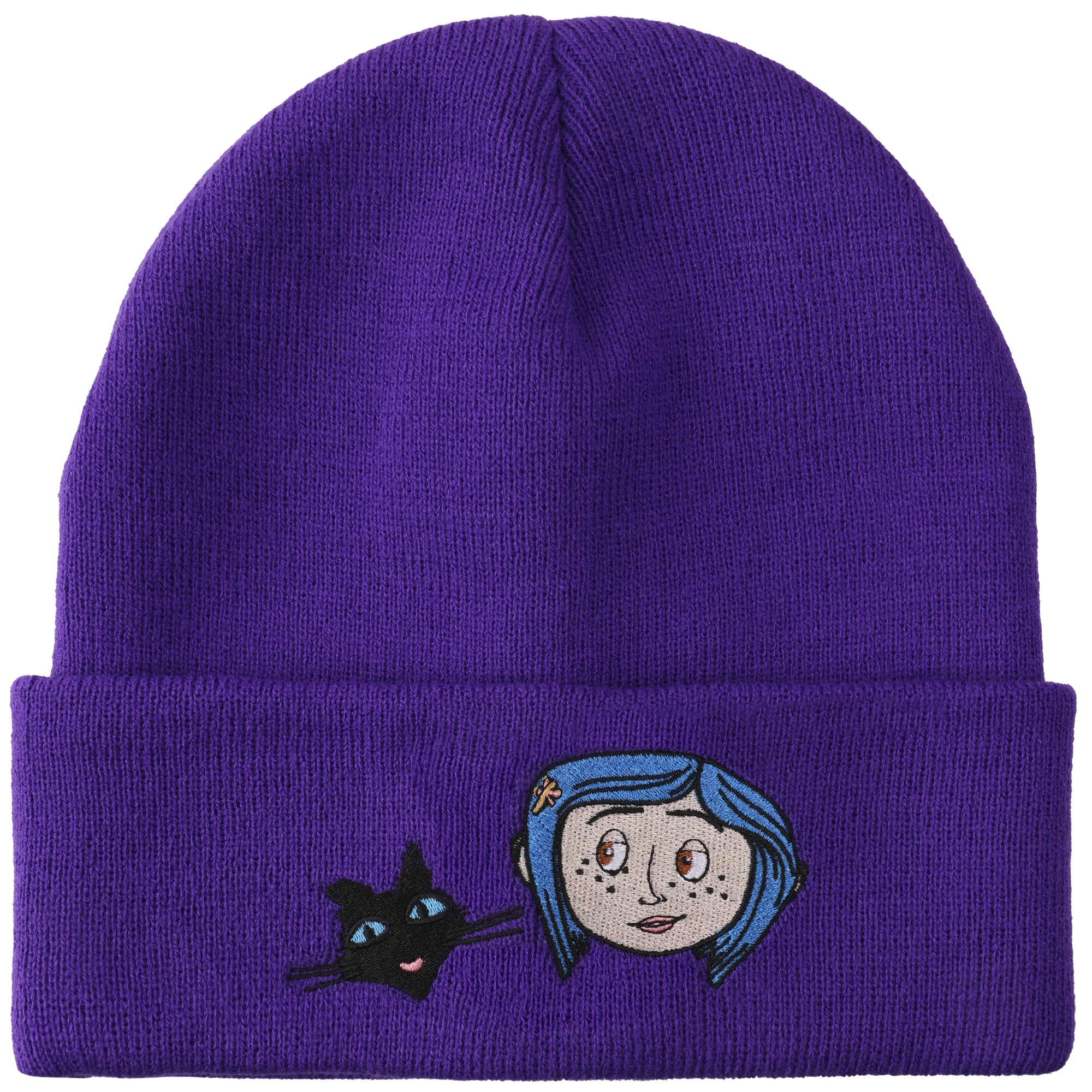 Coraline & Black Cat Character Art Purple Cuff Beanie