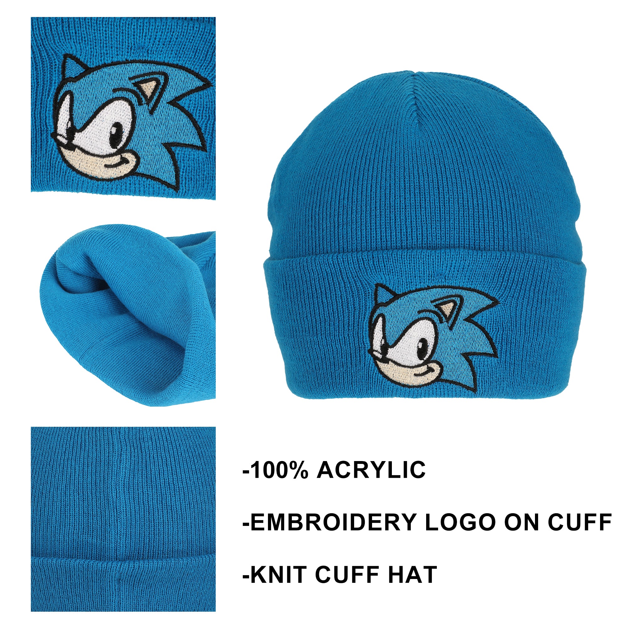 Sonic The Hedgehog  Chucky Text Embroidery Acrylic Knit Standard Cuff Beanie