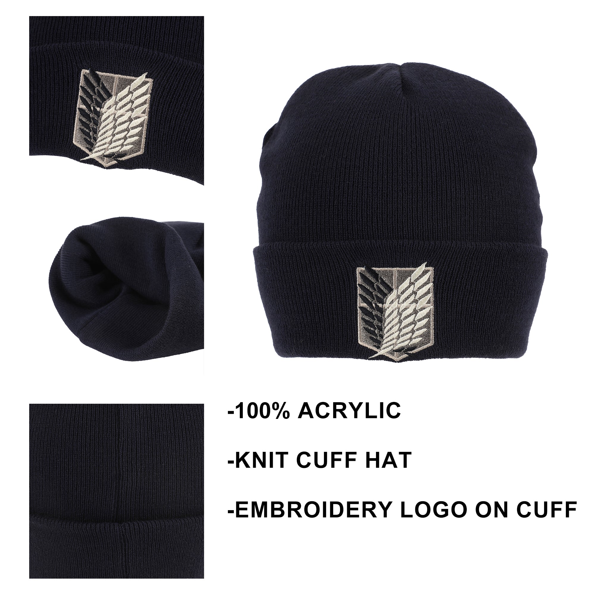Attack On Titan Embroidered Survey Corps Logo Black Cuff Beanie