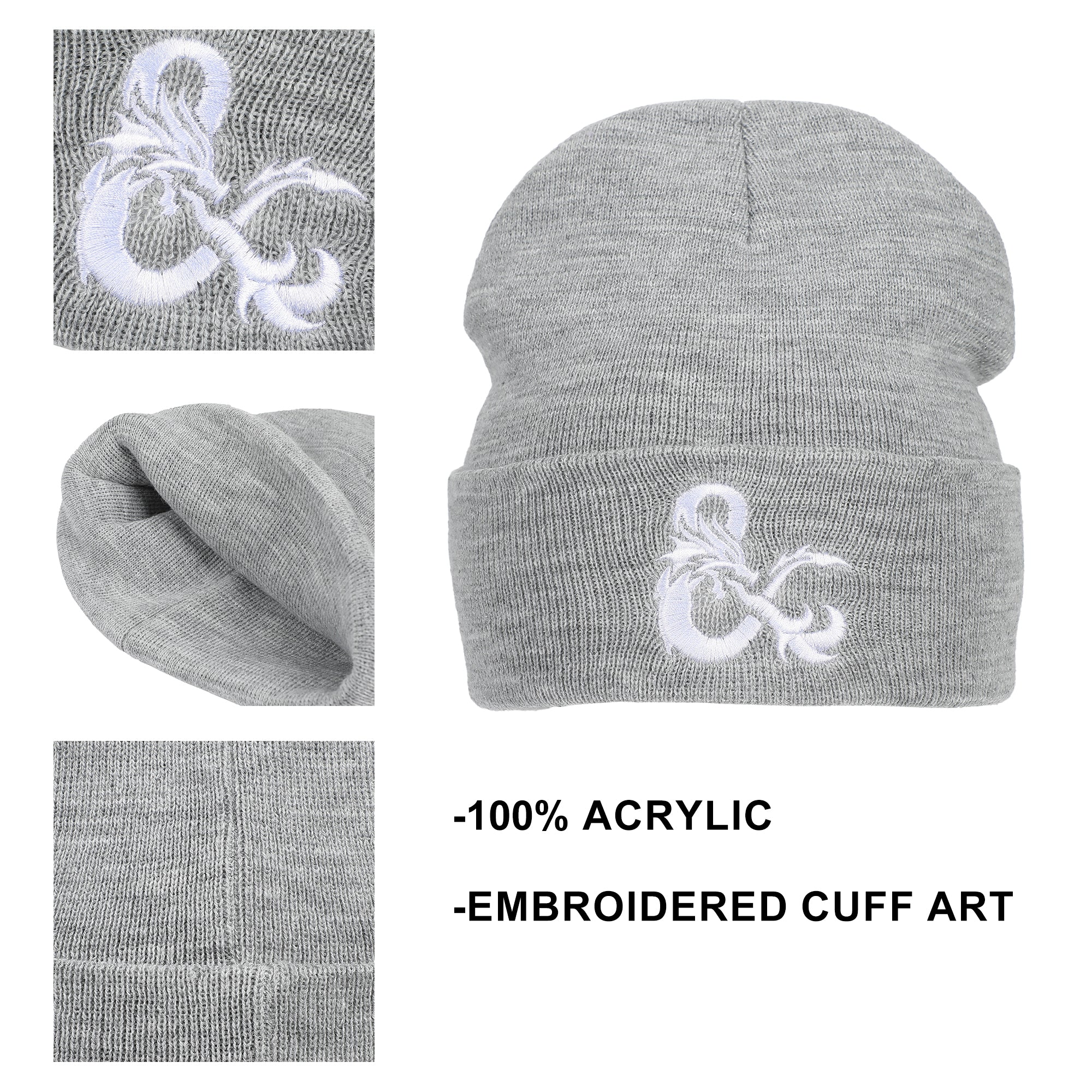 Dungeons & Dragons Ampersand Logo Embroidery Heather Gray Acrylic Knit Cuff Beanie