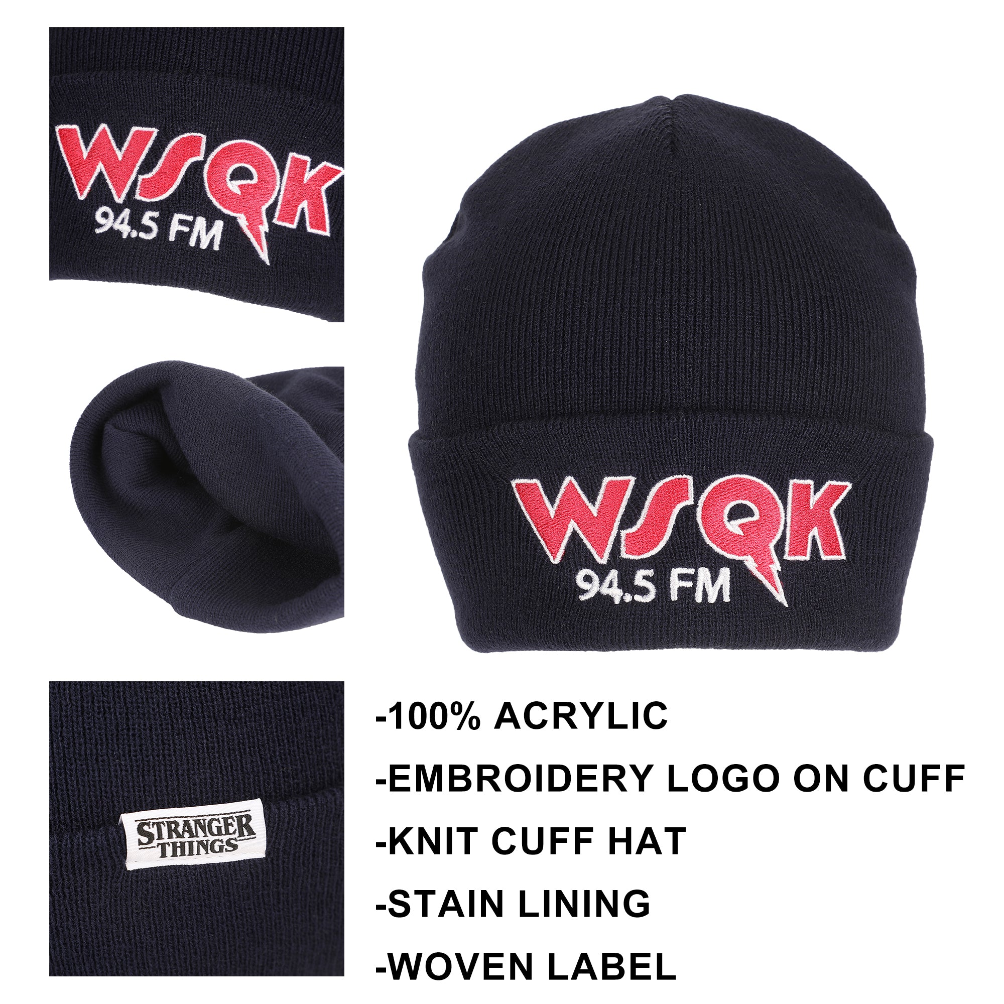 Stranger Things WSQK Embroidery Navy Acrylic Yarn Standard Cuff Beanie