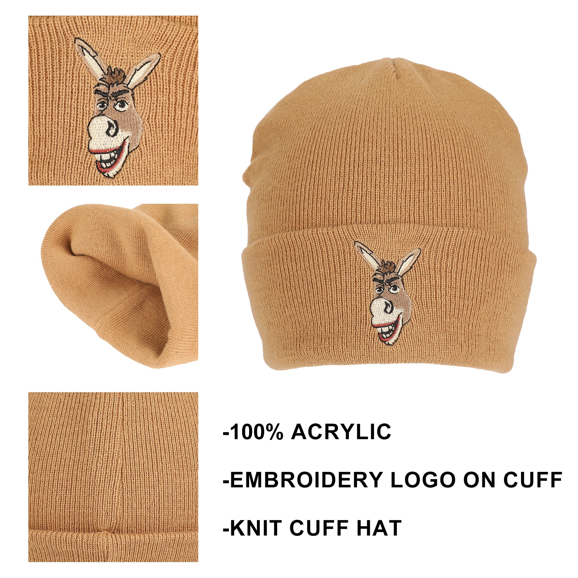 Shrek Donkey Embroidery Acrylic Knit Standard Cuff Beanie