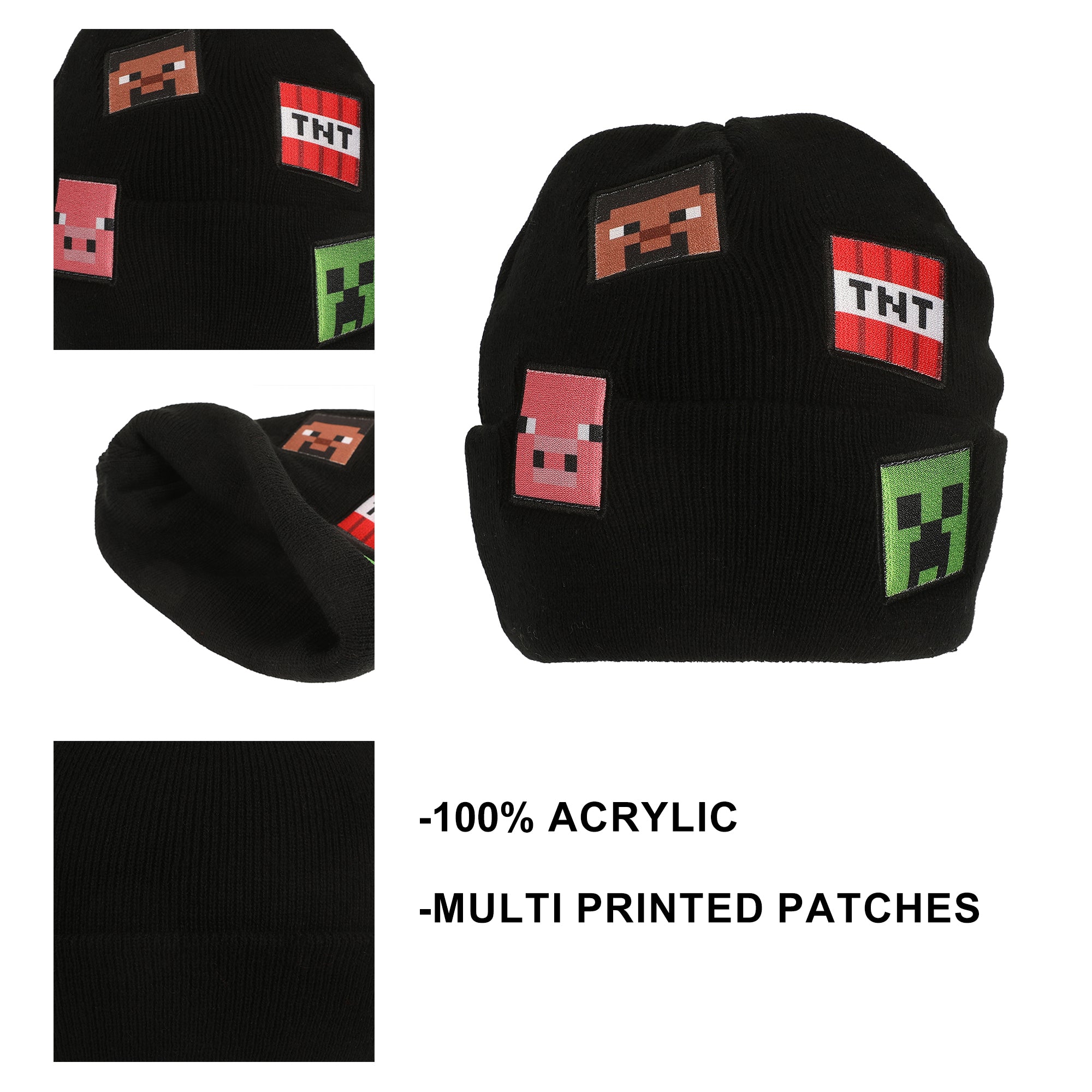 Minecraft Printed Character Patches Black Cuff Beanie