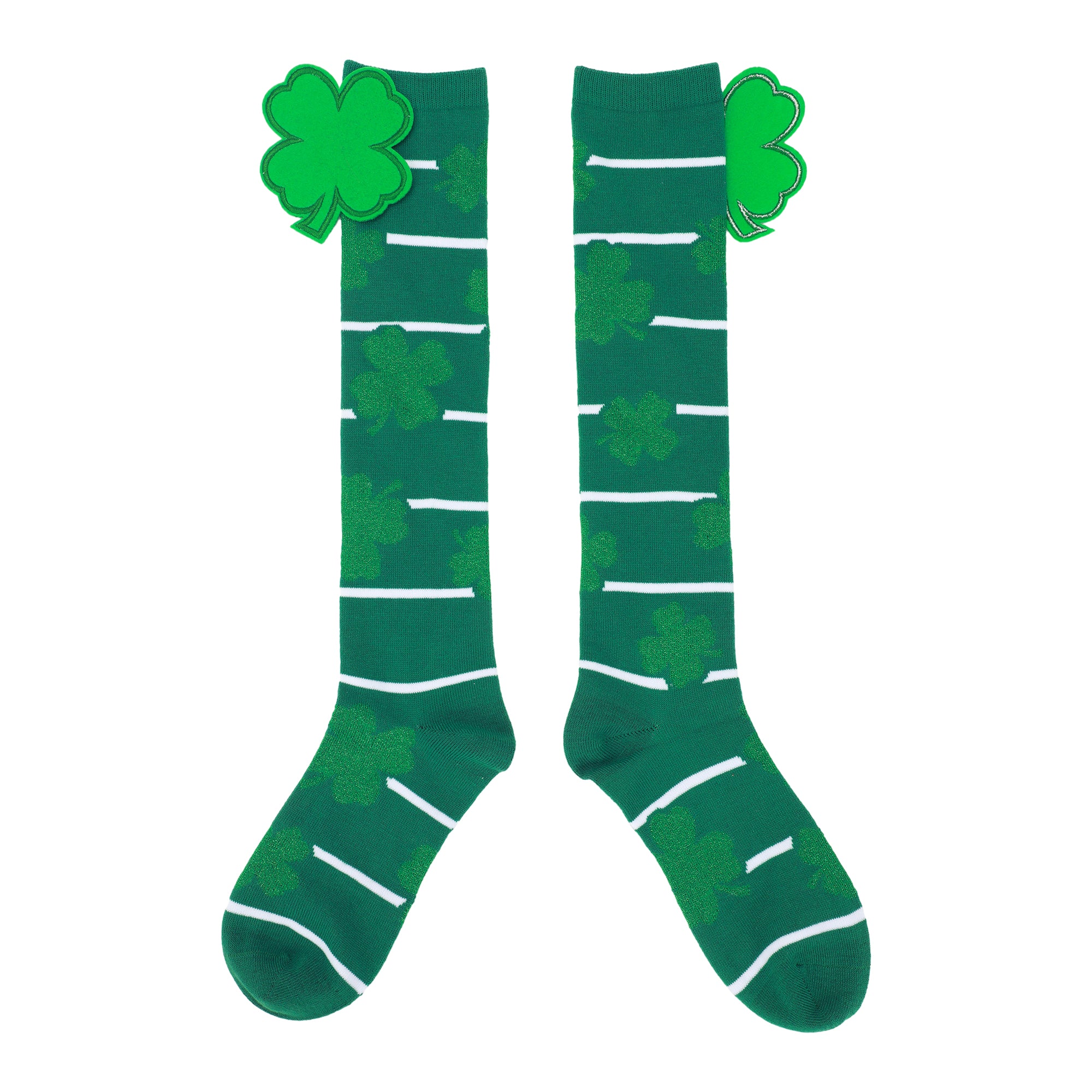 St. Patrick's Day 3D Felt Leprechaun & Clover Women's Green Knee-High Socks