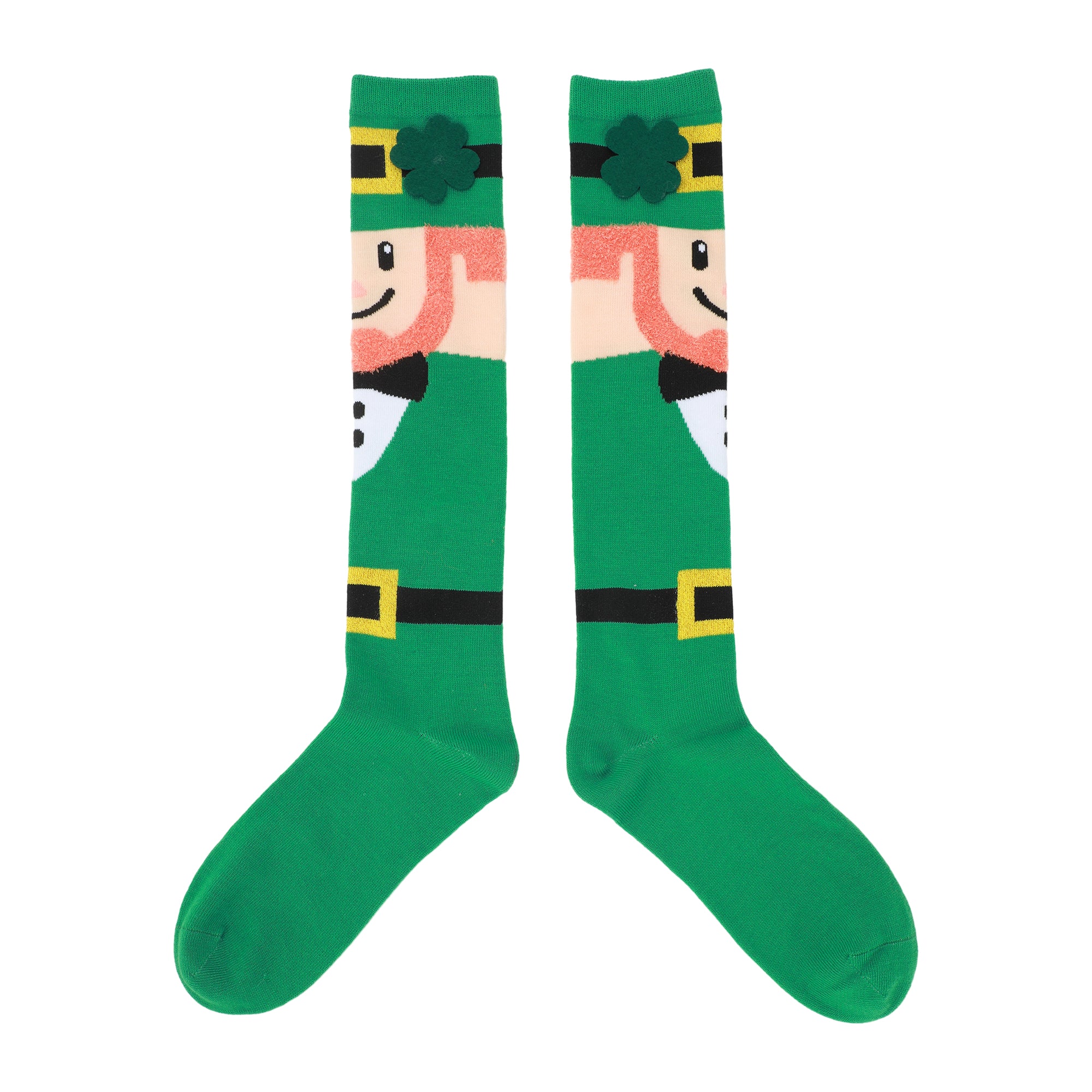 St. Patrick's Day 3D Felt Leprechaun & Clover Women's Green Knee-High Socks