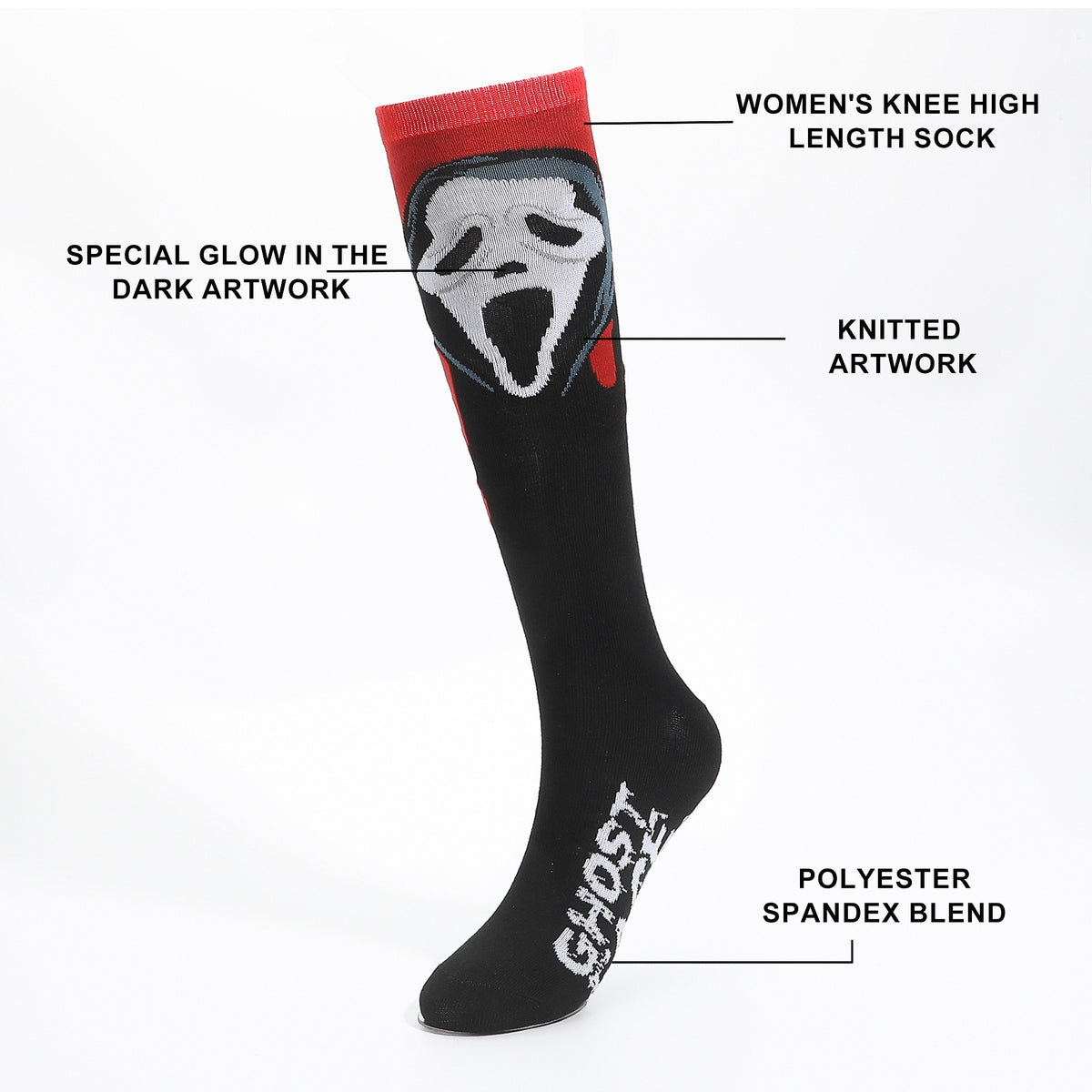 Ghostface Knee High Sock with Glow In The Dark Mask for Women