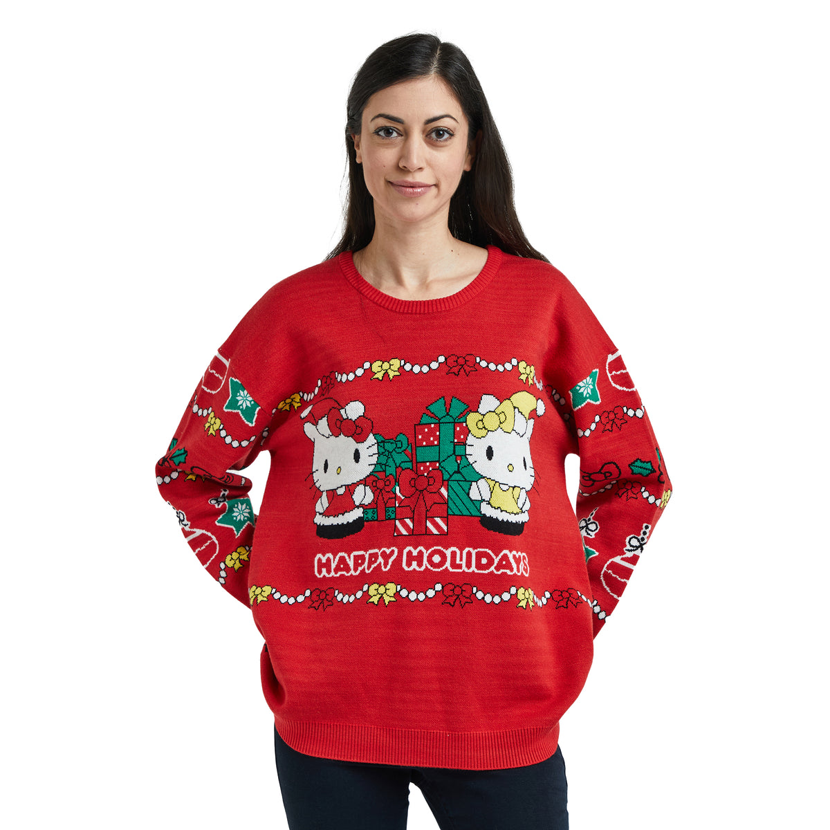 Hello Kitty & Mimmy Happy Holidays Women's Red Crew Neck Long Sleeve Oversized Sweater