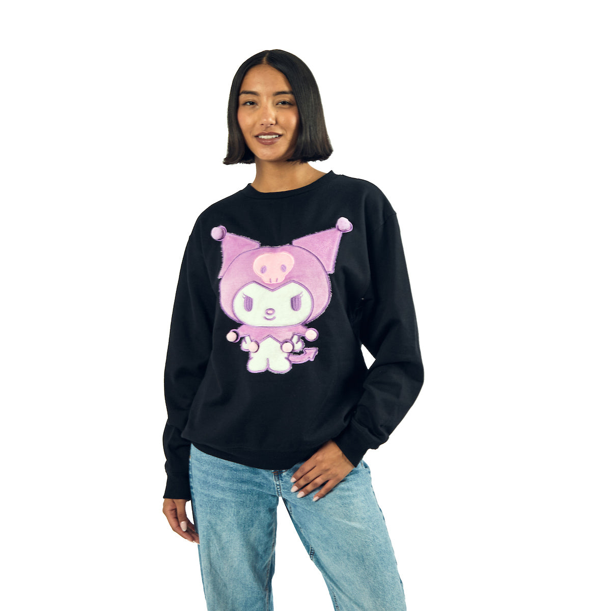 Kuromi Big Face Plush Character Women's Black Crew Neck Long Sleeve Oversized Fleece Sweatshirt