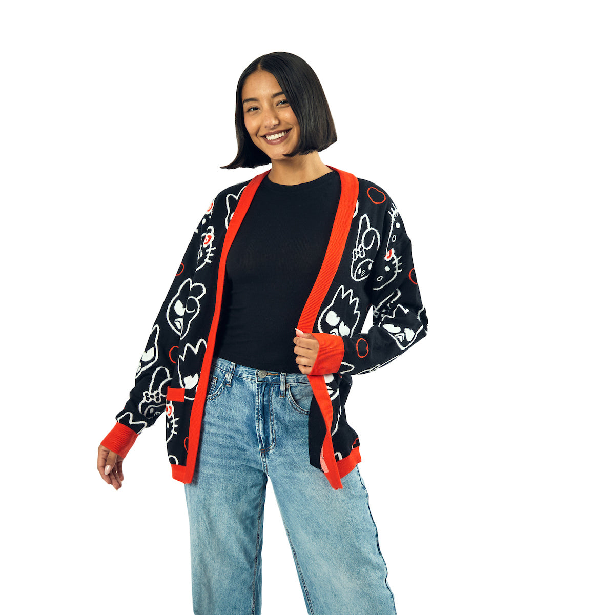 Hello Kitty & Friends Character Face Outlines Women's Black Long Sleeve Grandma Cardigan