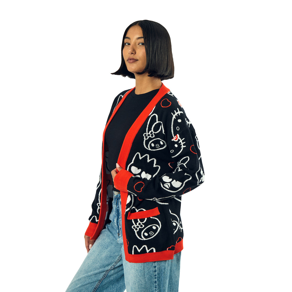Hello Kitty & Friends Character Face Outlines Women's Black Long Sleeve Grandma Cardigan