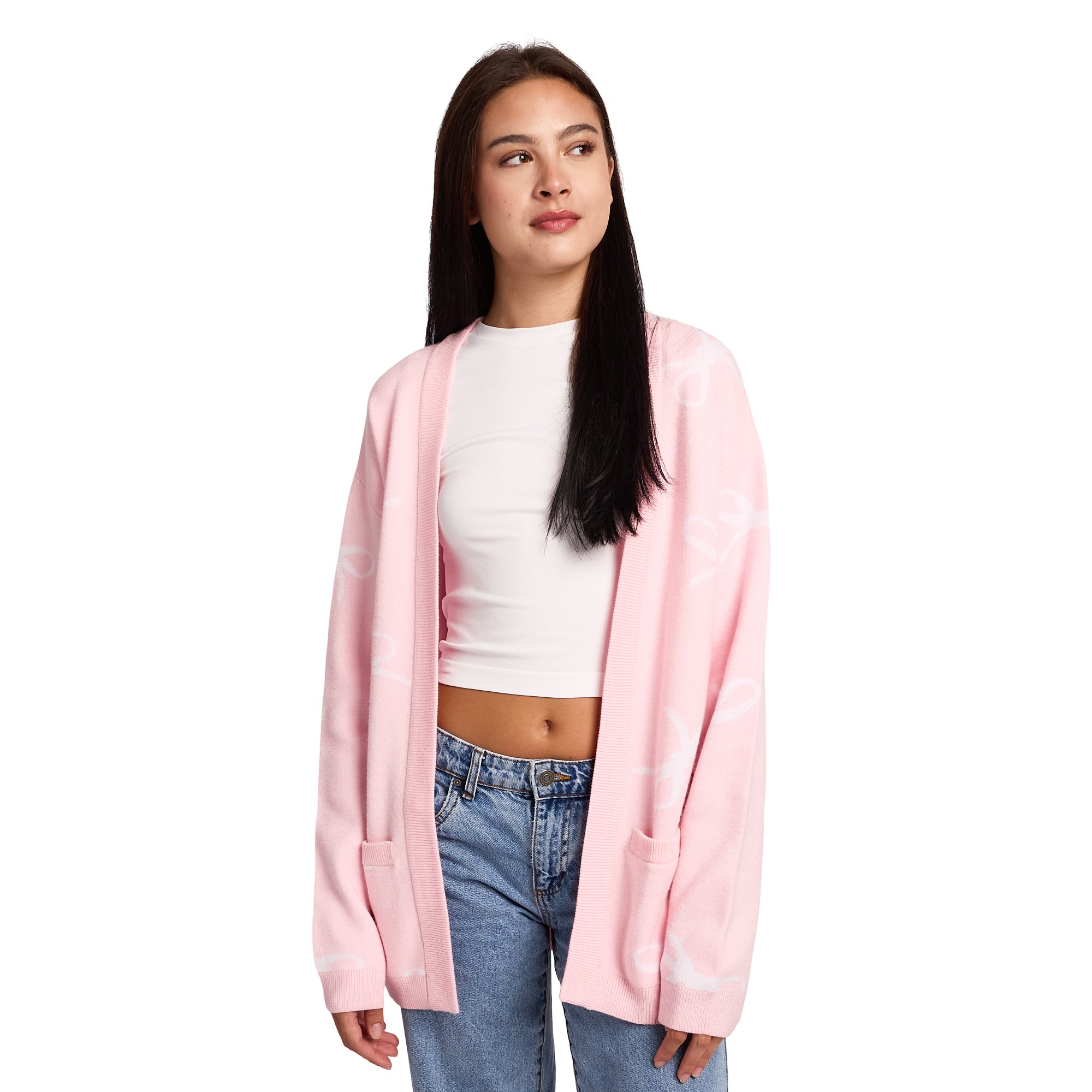 White Ribbons All-Over Print Women's Pink Long Sleeve Cardigan