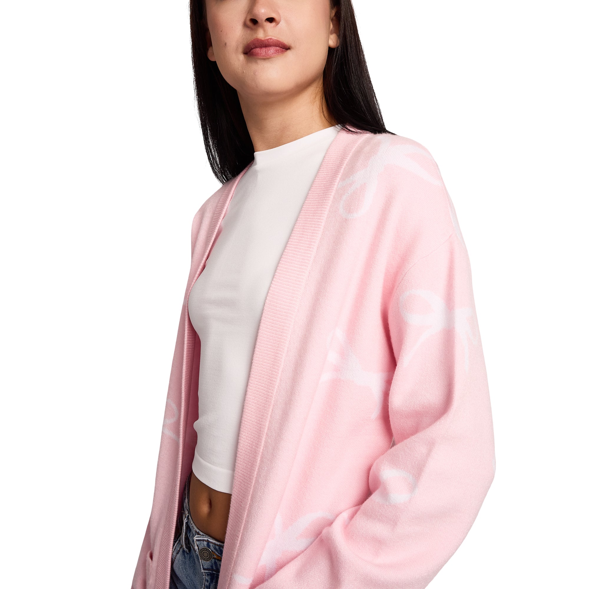 White Ribbons All-Over Print Women's Pink Long Sleeve Cardigan