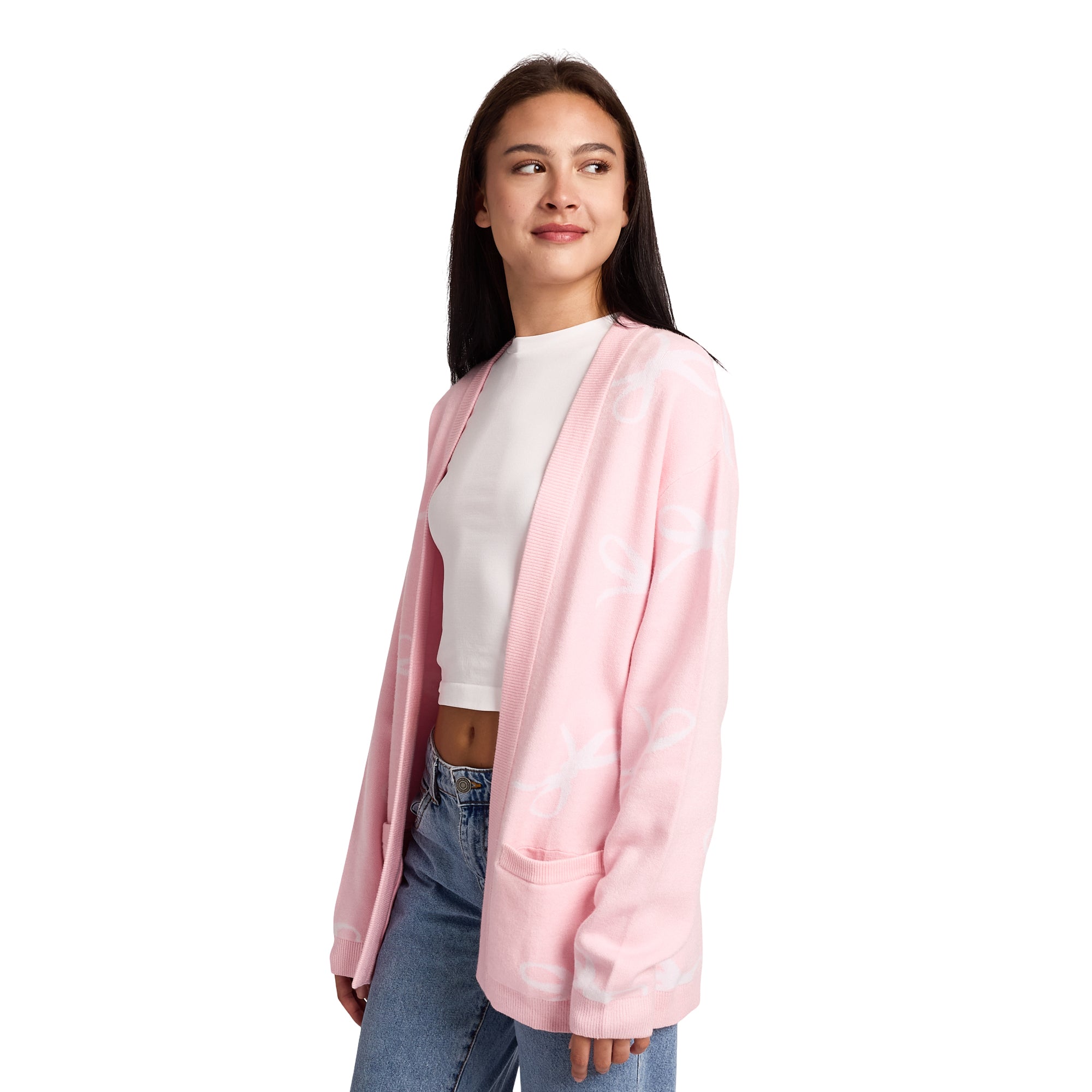 White Ribbons All-Over Print Women's Pink Long Sleeve Cardigan