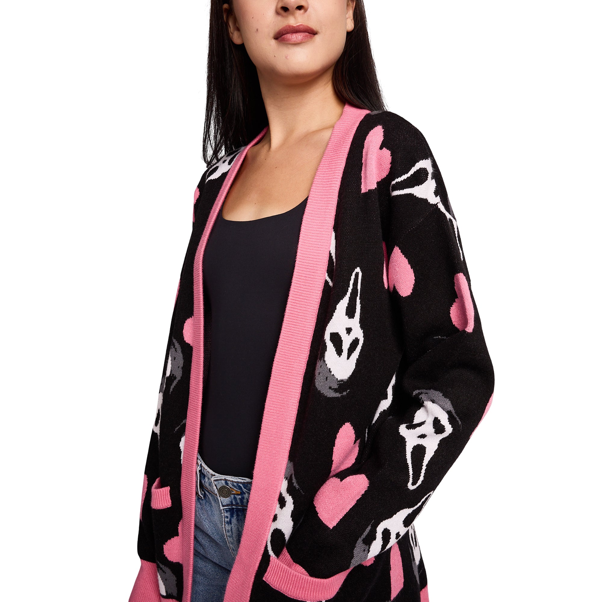 Ghostface Hearts All-Over Print Women's Black Long Sleeve Cardigan