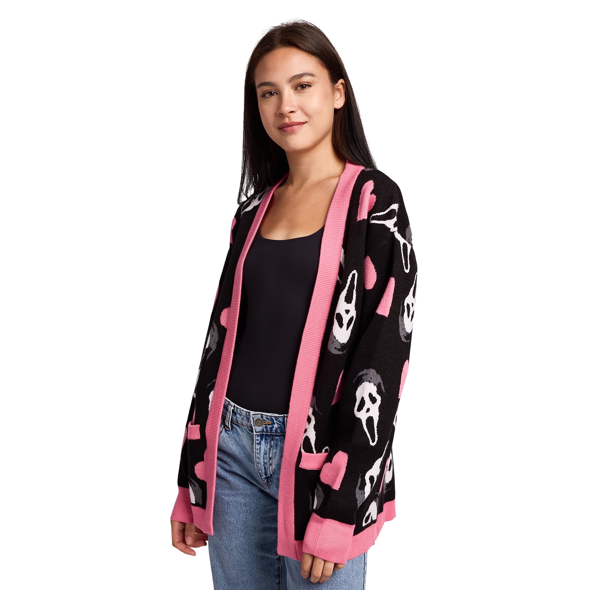Ghostface Hearts All-Over Print Women's Black Long Sleeve Cardigan
