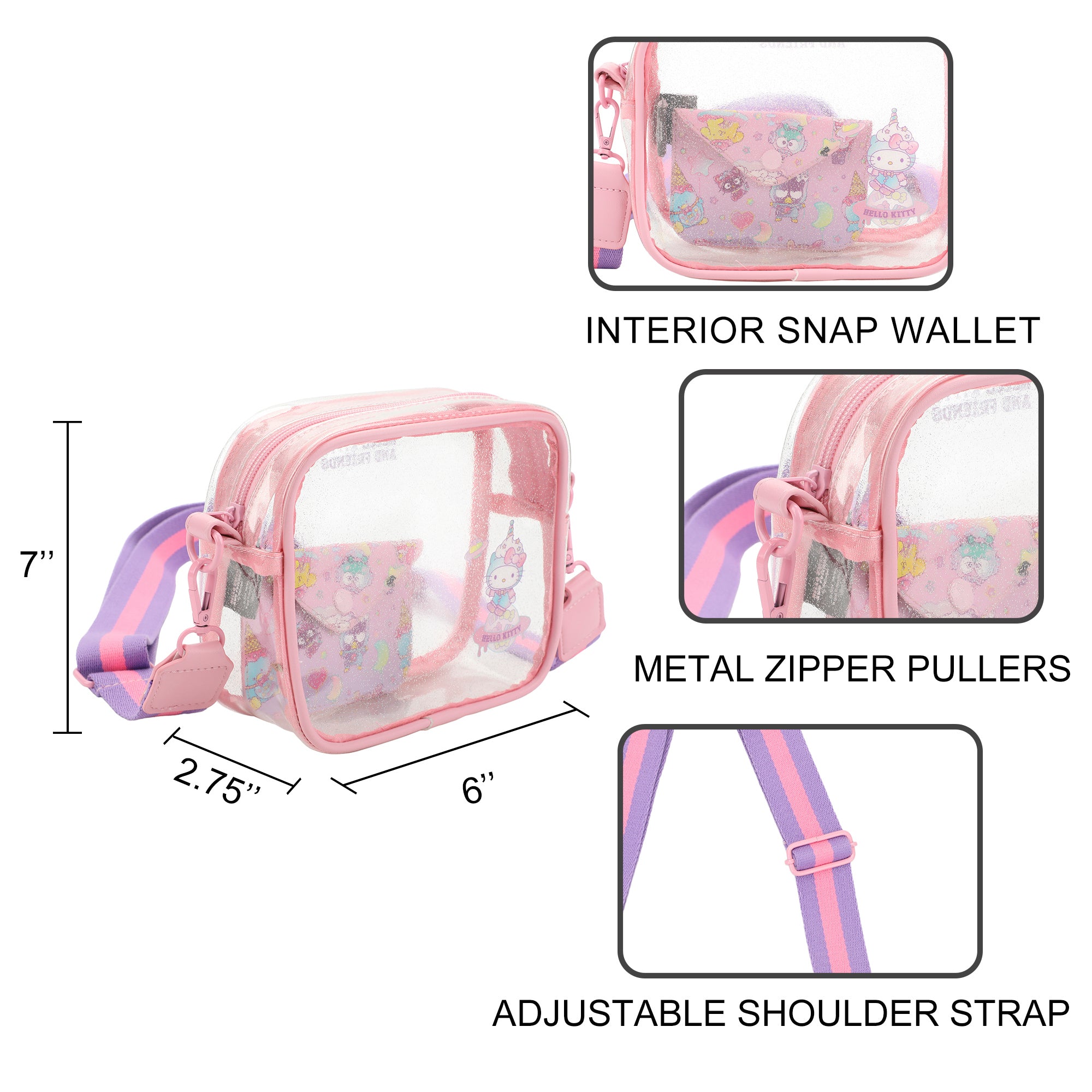 Hello Kitty & Friends My Melody & Kuromi 7 inch Clear Crossbody Stadium Bag