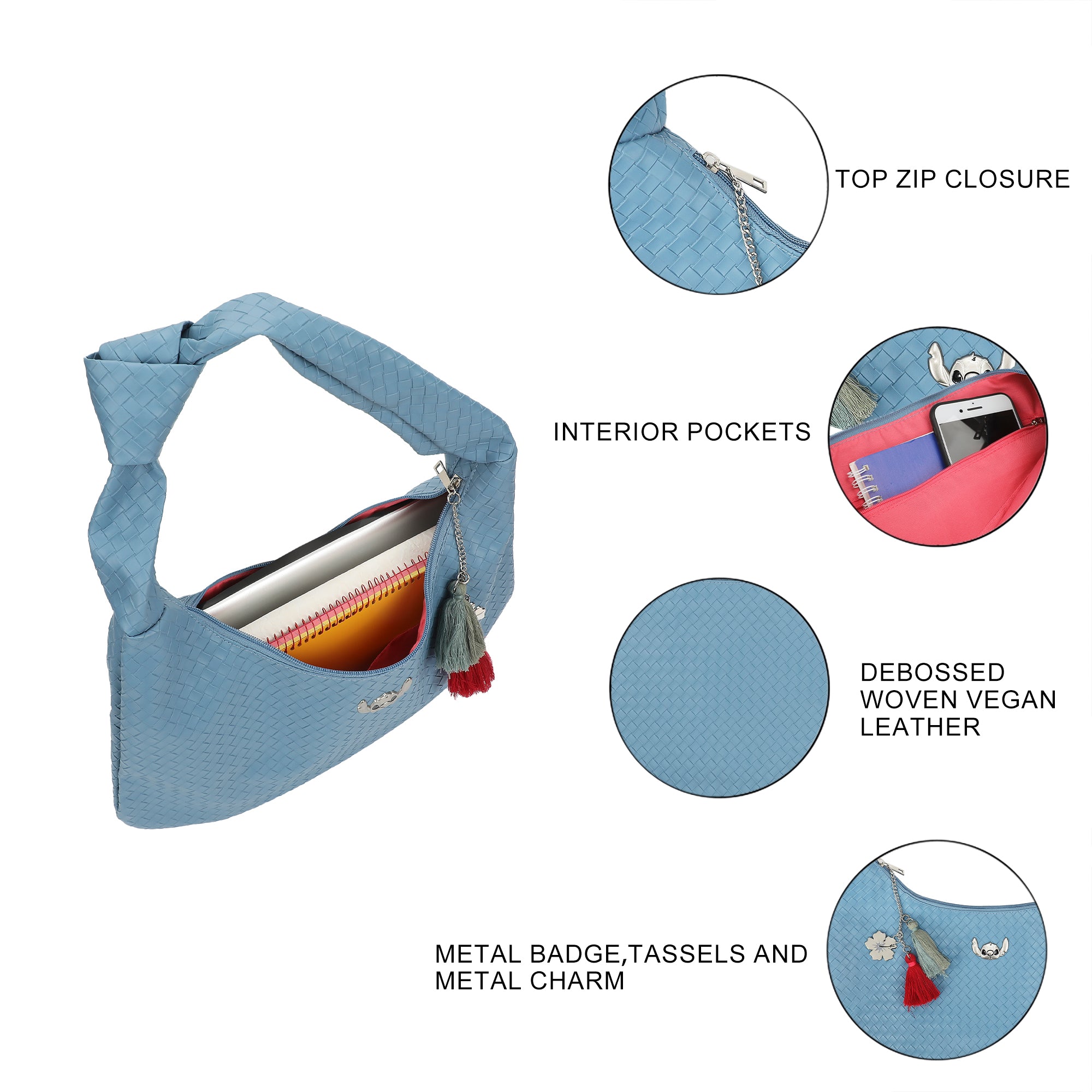 Disney Stitch Face Metal Badge Blue 16" Handbag