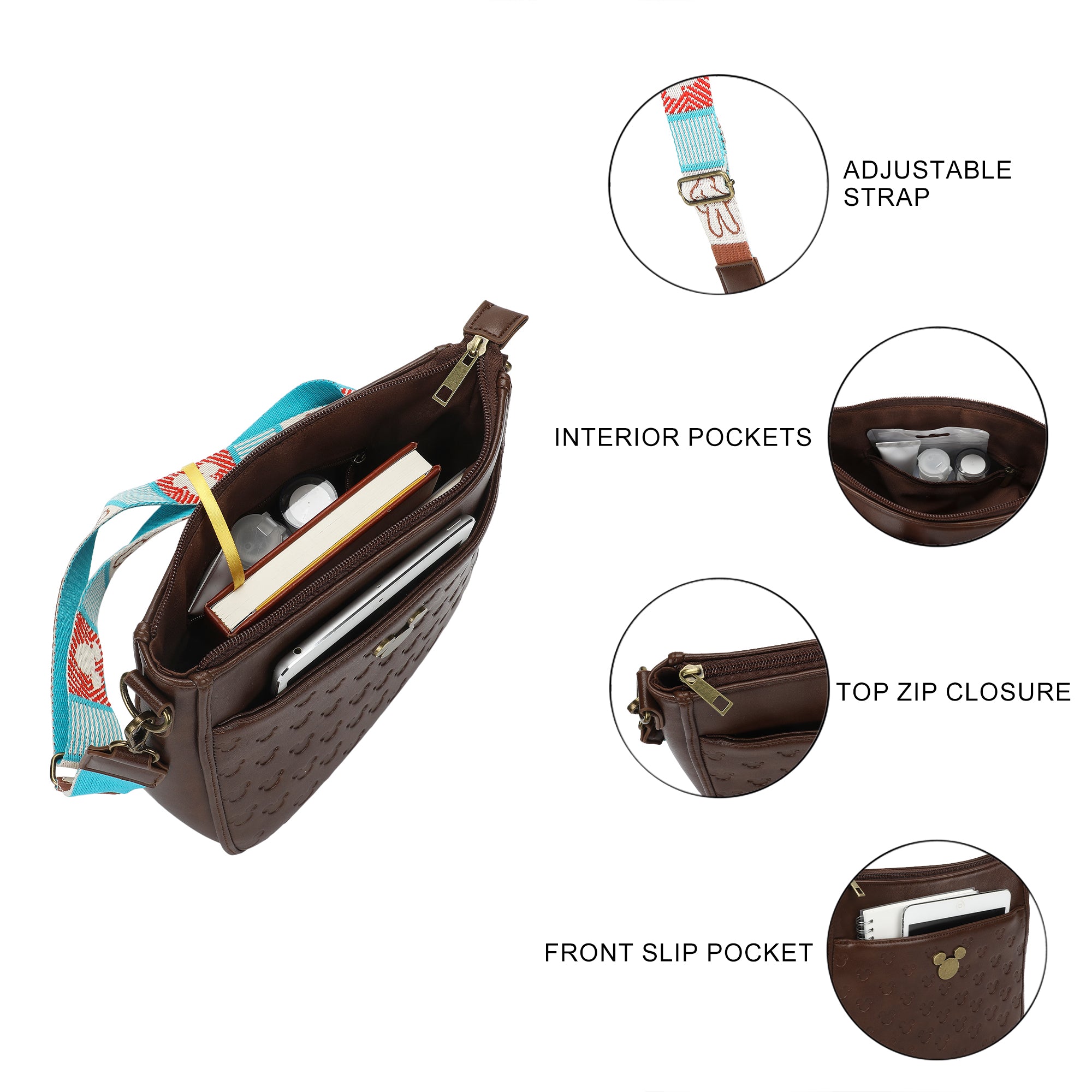 Disney Mickey Mouse Character Ears 9.75" Women's Brown Crossbody Bag