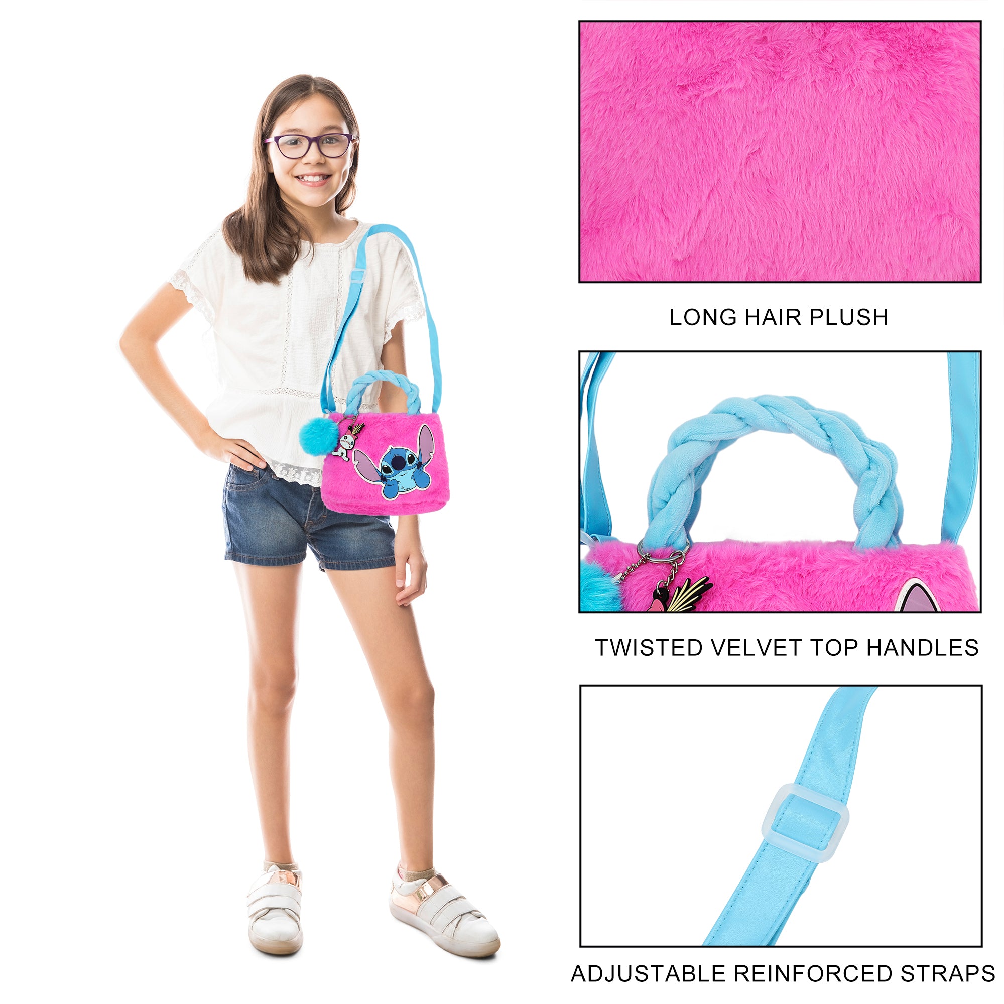 Disney Lilo & Stitch Character Applique Stitch Pink 6.3" Mini Faux Fur Tote