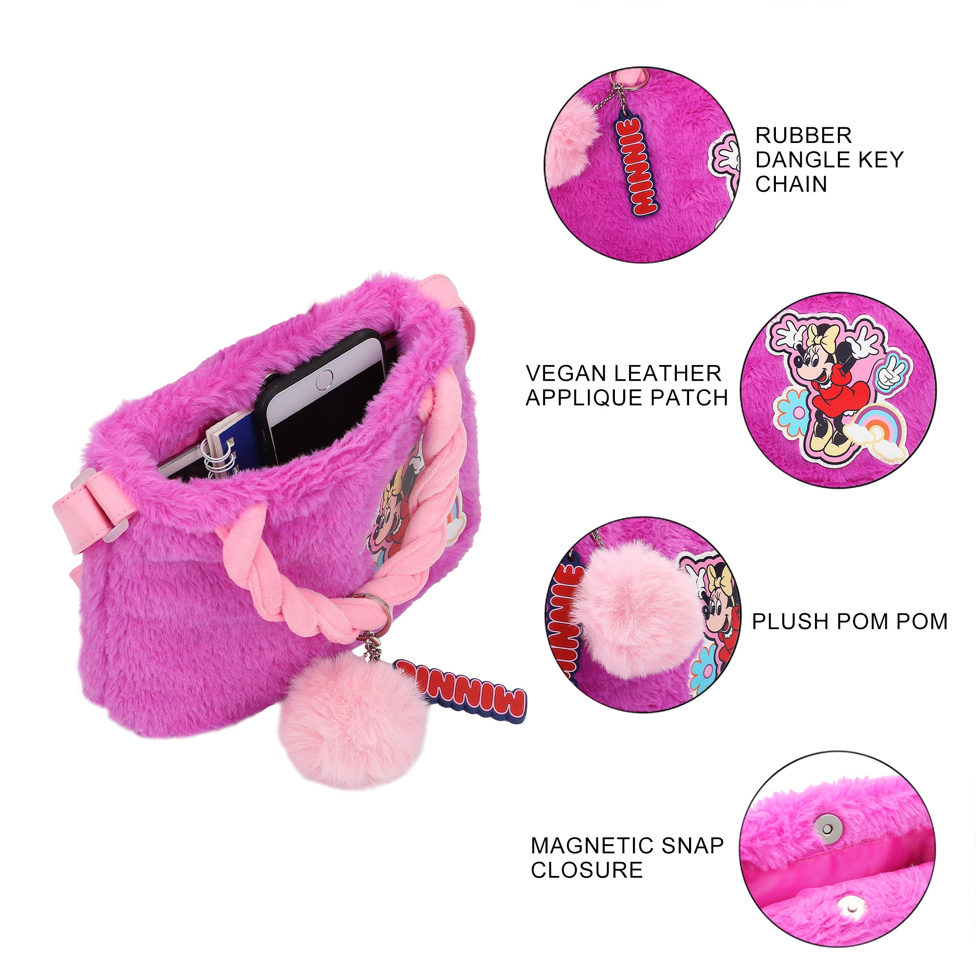 Disney Minnie Mouse Character Applique Purple 6.3" Mini Faux Fur Tote