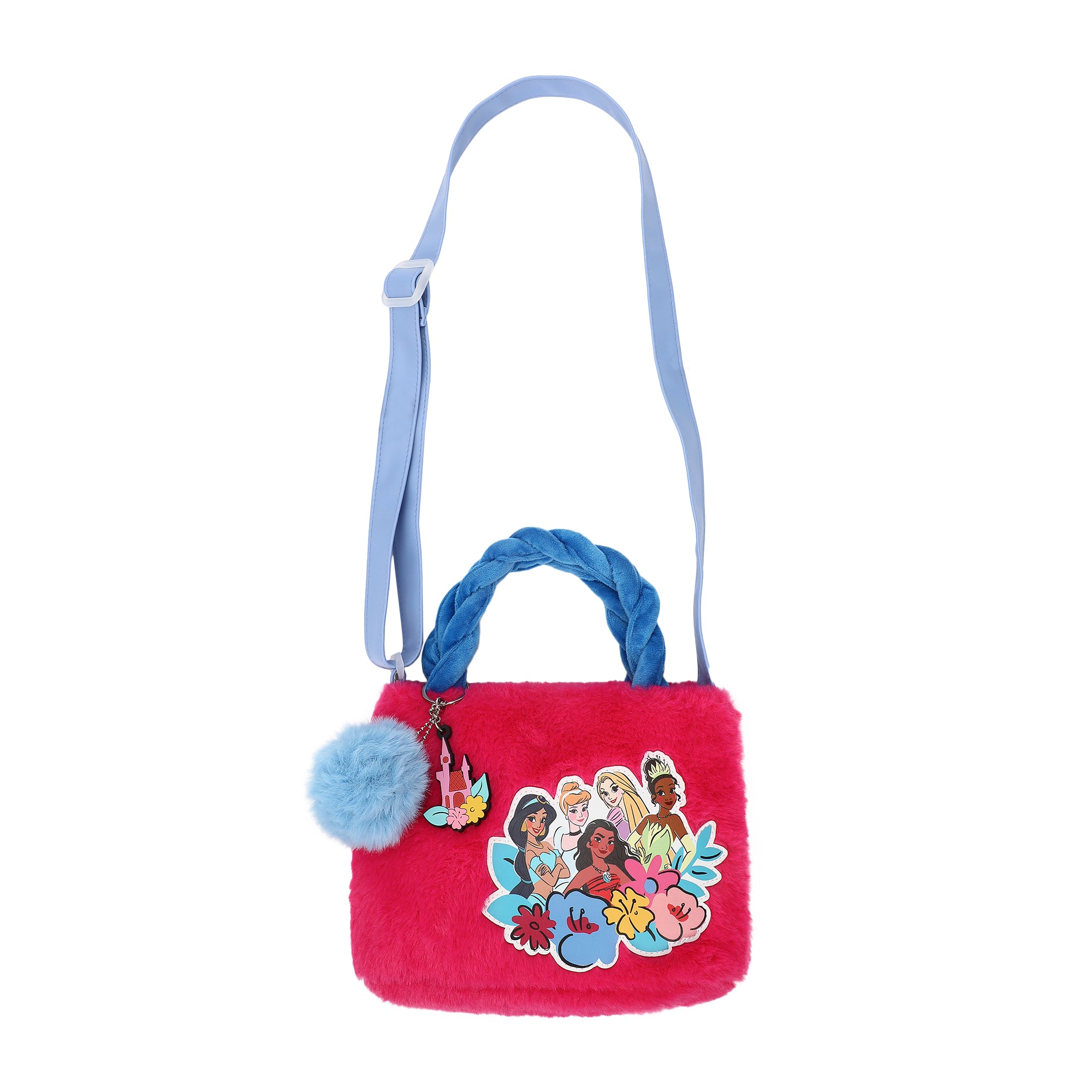 Disney Princess Characters & Flowers Applique Pink 6.3" Mini Faux Fur Tote