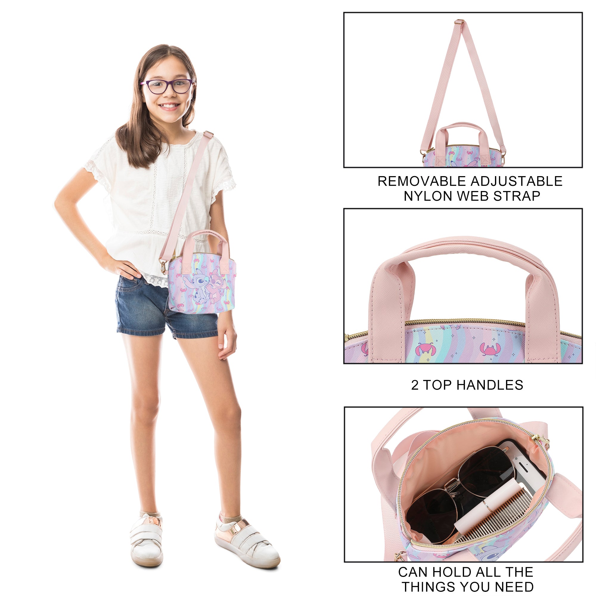 Disney Lilo & Stitch Angel & Stitch Hearts Pastel Striped 9.25" Mini PU Handbag