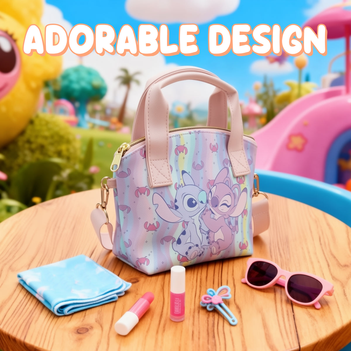 Disney Lilo & Stitch Angel & Stitch Hearts Pastel Striped 9.25" Mini PU Handbag