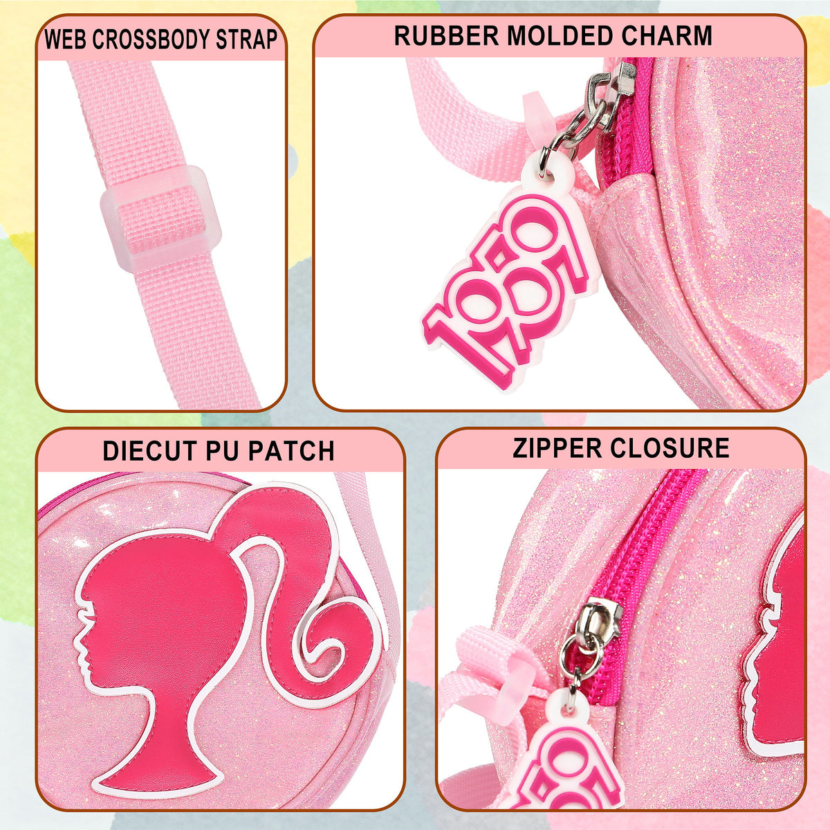 Barbie Glitter Round PU Crossbody Handbag for Kids Girls
