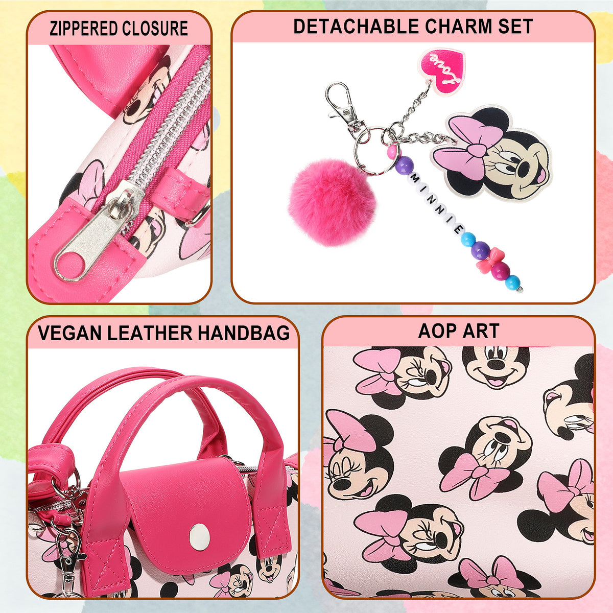 Minnie Mouse Classic Pink Handbag Tote with Charm for Kids Girls