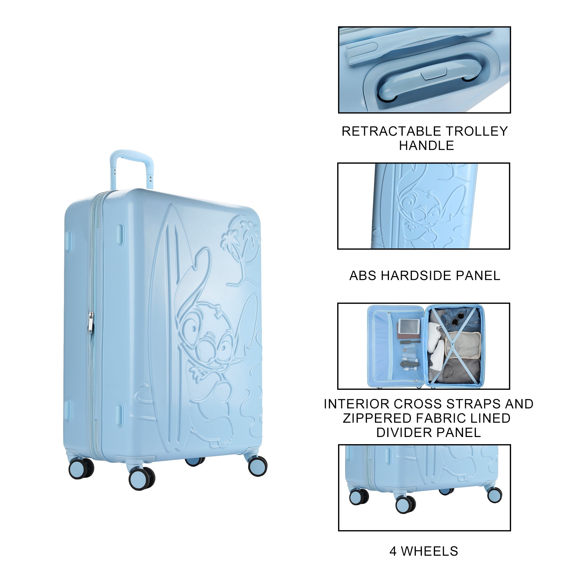 Disney Lilo & Stitch 3-Piece Hard Shell Luggage Set for Adults | 20", 24", 28" Rolling Suitcases with Spinner Wheels, Telescopic Handle & Durable ABS Design, Official Disney Travel Set from Bioworld