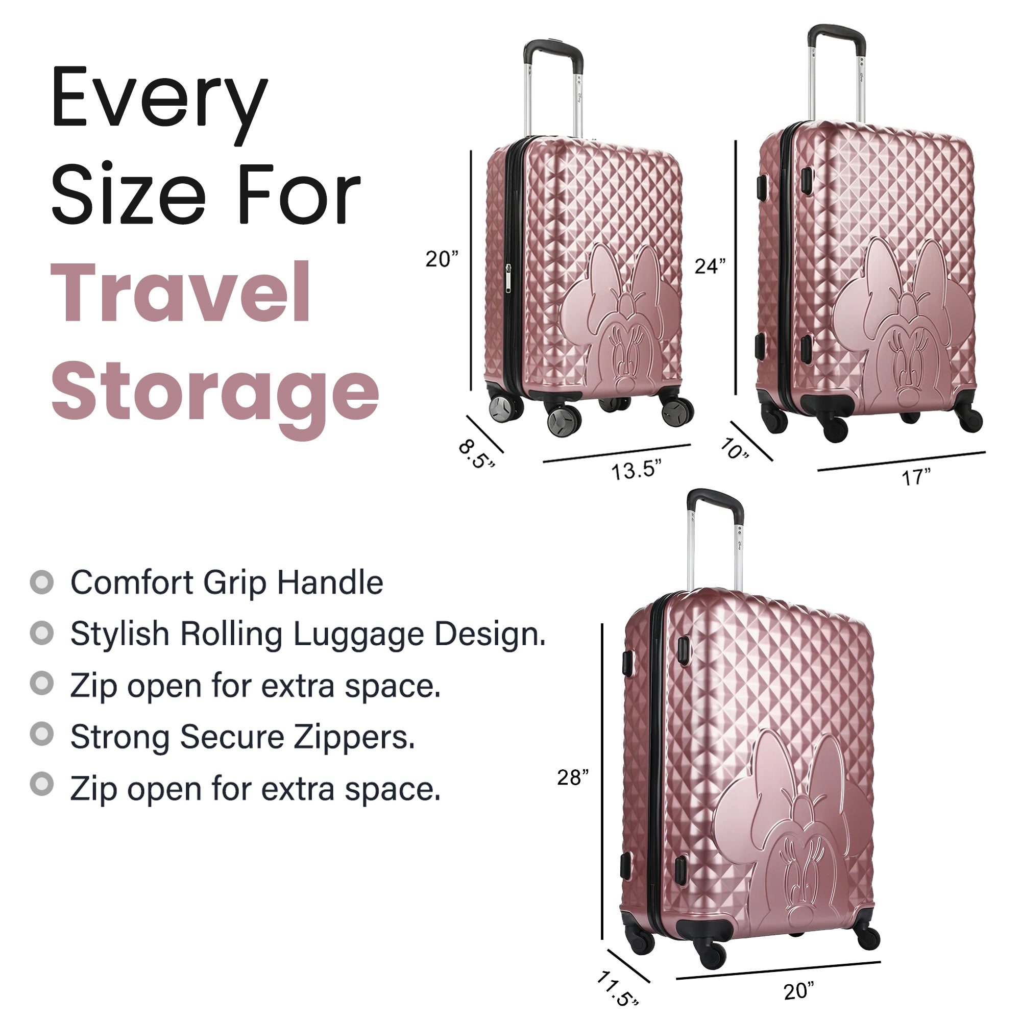 Disney Minnie Mouse 3-Piece Rolling Luggage Set, Pink Peek-a-Boo Molded Hardshell Suitcases (20" 24" 28"), Luggage with Wheels, Retractable Trolley Handle, Zippered Divider & Cross Straps, Officially Licensed