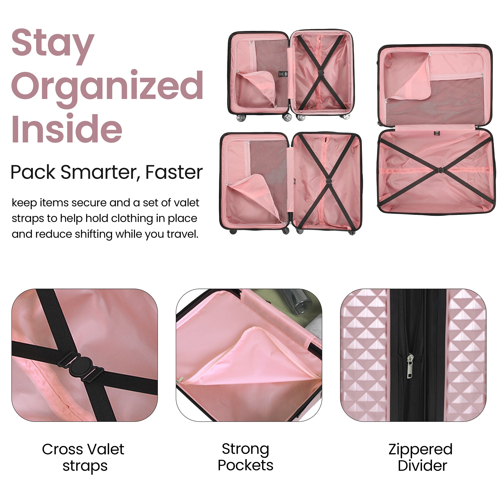 Disney Minnie Mouse 3-Piece Rolling Luggage Set, Pink Peek-a-Boo Molded Hardshell Suitcases (20" 24" 28"), Luggage with Wheels, Retractable Trolley Handle, Zippered Divider & Cross Straps, Officially Licensed