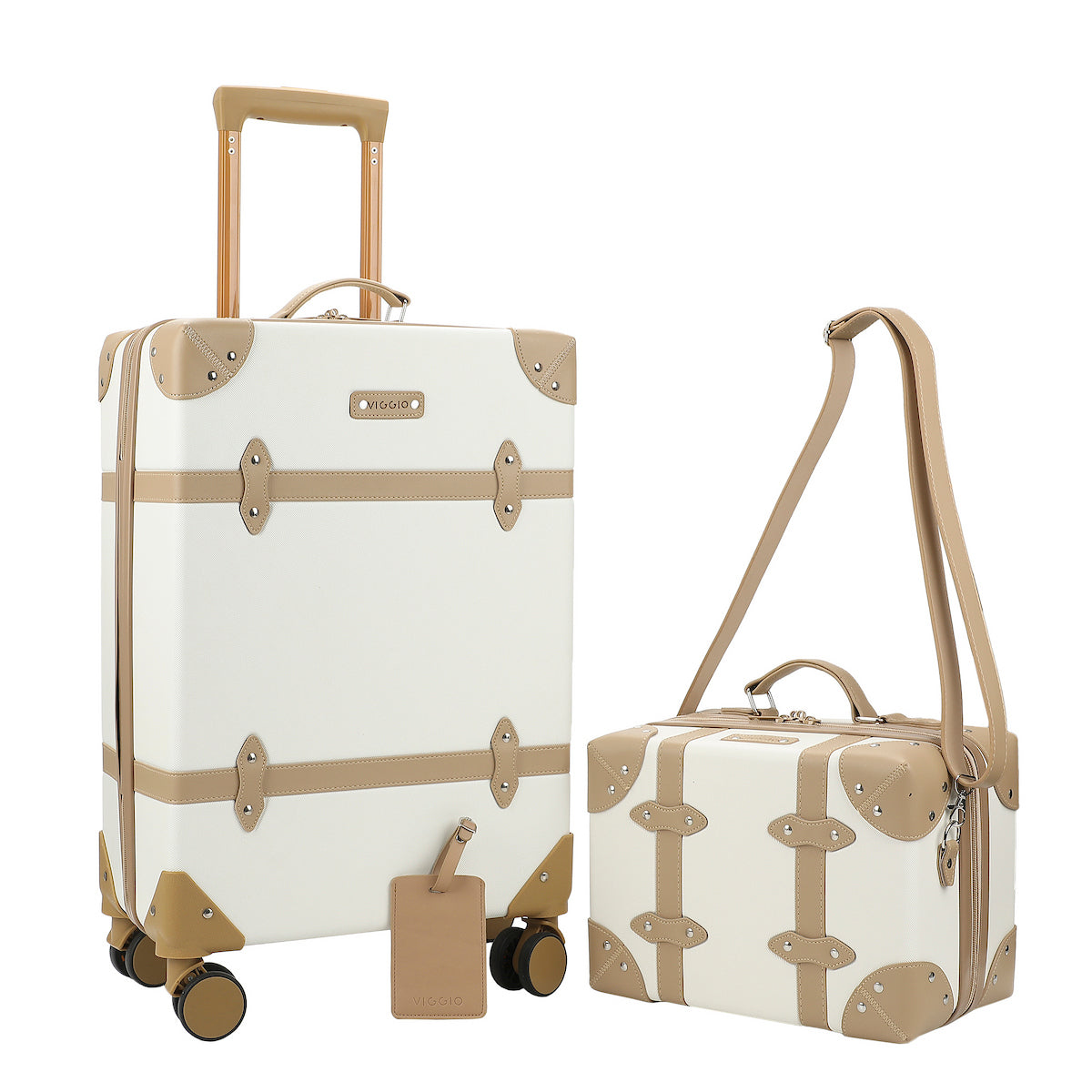 Viggio Vintage-Inspired White 2-Pack Hardside Trunk & Train Case With Brown Accents