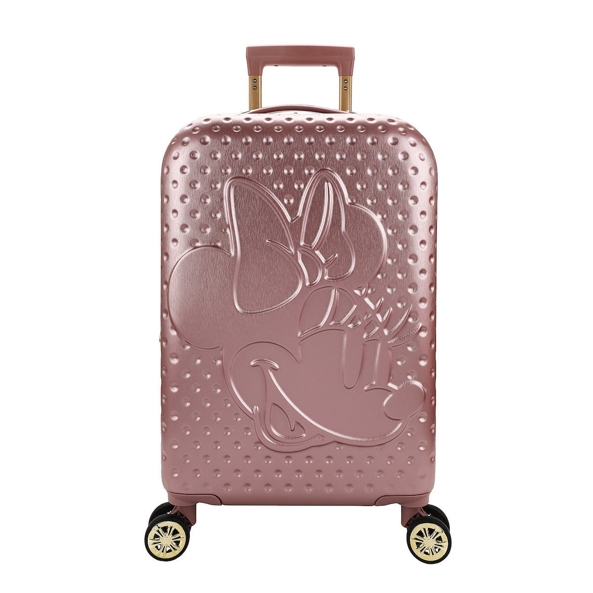 Disney Minnie Mouse 20 Inch Carry On Rolling Luggage, Rose Gold Hardshell Spinner Suitcase with 8 Wheels, Retractable Handle, Valet Straps & Zippered Packing Curtain, Expandable, Officially Licensed