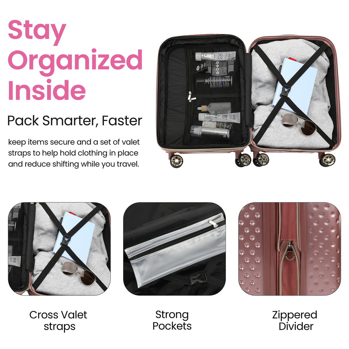 Disney Minnie Mouse 20 Inch Carry On Rolling Luggage, Rose Gold Hardshell Spinner Suitcase with 8 Wheels, Retractable Handle, Valet Straps & Zippered Packing Curtain, Expandable, Officially Licensed