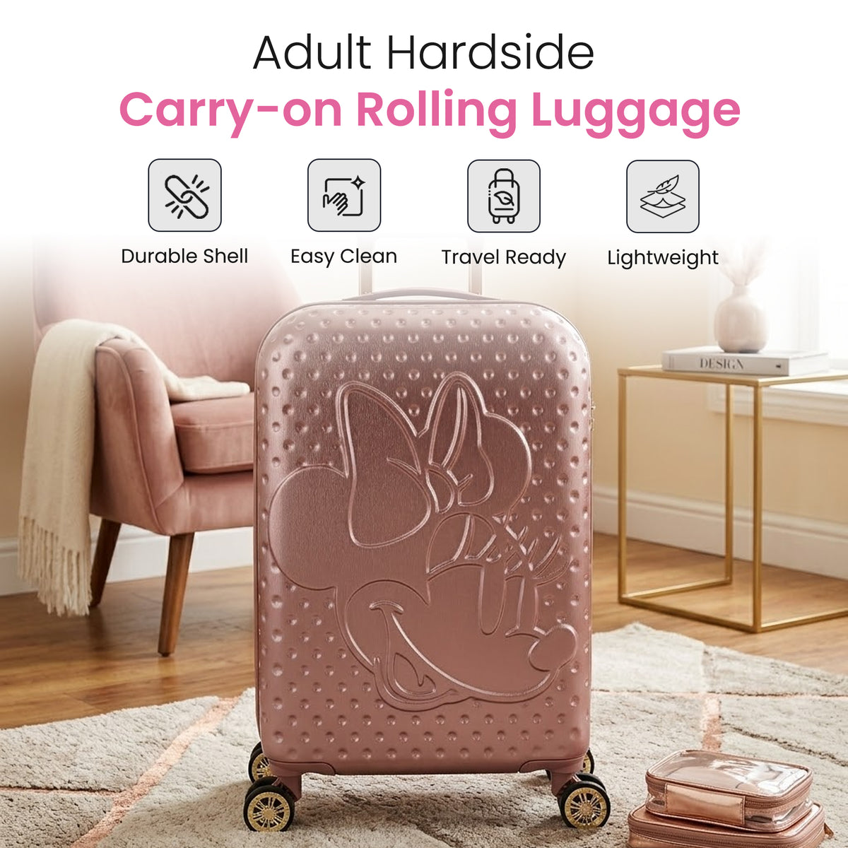 Disney Minnie Mouse 20 Inch Carry On Rolling Luggage, Rose Gold Hardshell Spinner Suitcase with 8 Wheels, Retractable Handle, Valet Straps & Zippered Packing Curtain, Expandable, Officially Licensed