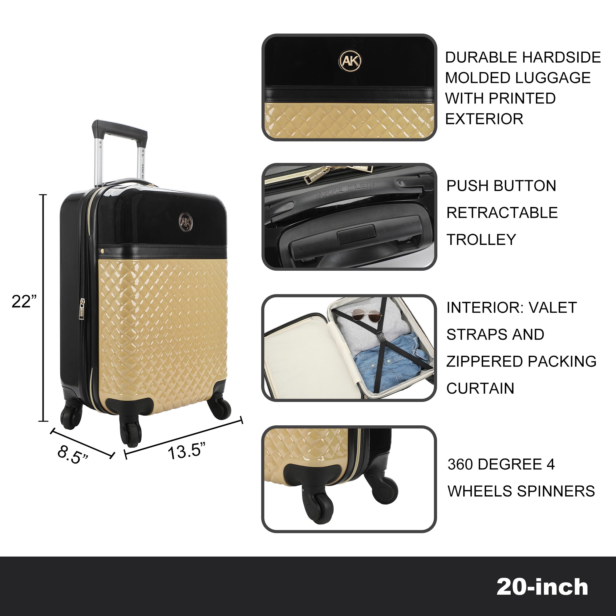 Anne Klein Molded 20" Metal Plate Logo Hardside Carry-On Printed Adult Hardside Fashion Rolling Luggage