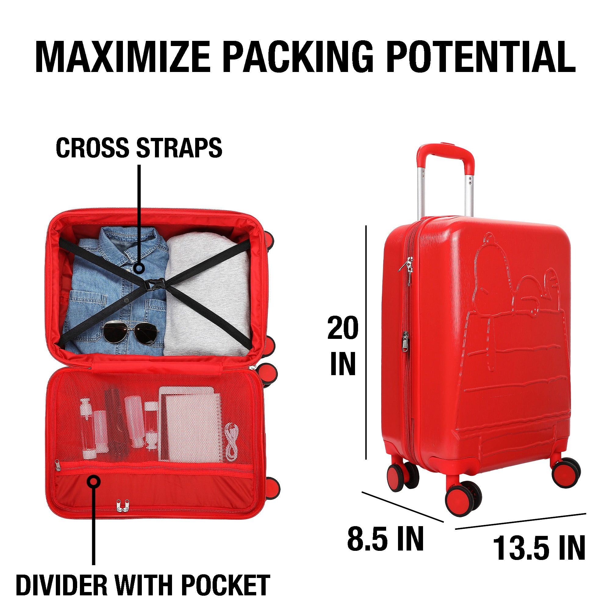 Peanuts Snoopy & Charlie Brown 20" ABS Hardside Spinner Luggage for Adult Fans and Collectors, Red