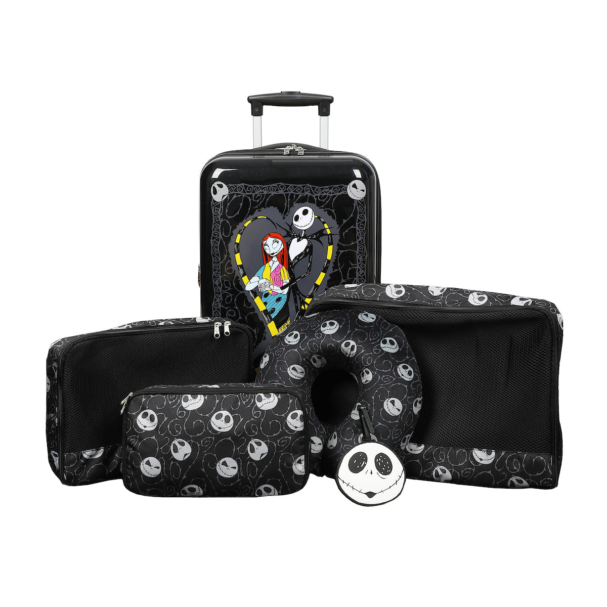 Nightmare Before Christmas 6-Piece Carry On Travel Set - 20" Jack & Sally Luggage, Neck Pillow, Luggage Tag & Packing Cubes
