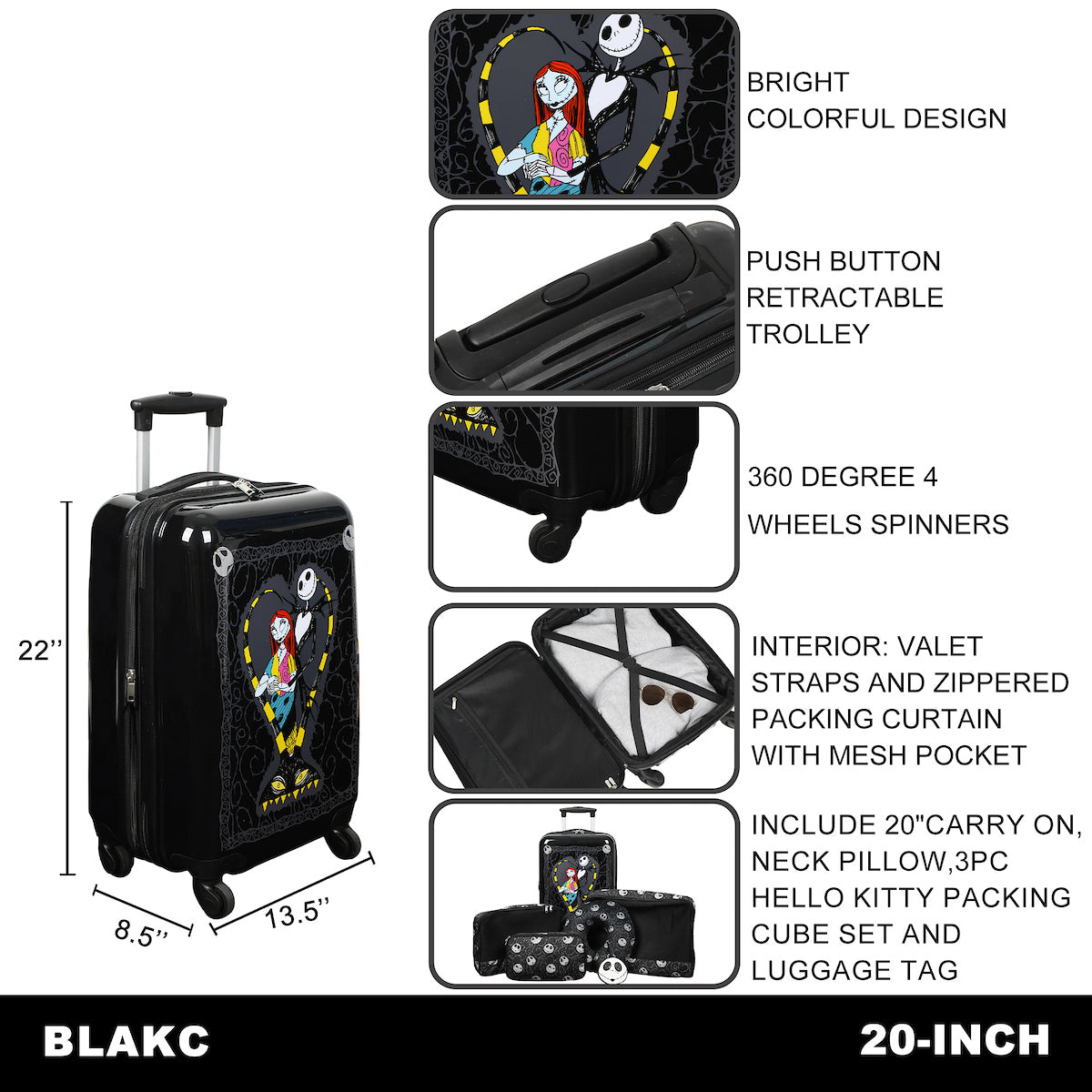 Nightmare Before Christmas 6-Piece Carry On Travel Set - 20" Jack & Sally Luggage, Neck Pillow, Luggage Tag & Packing Cubes