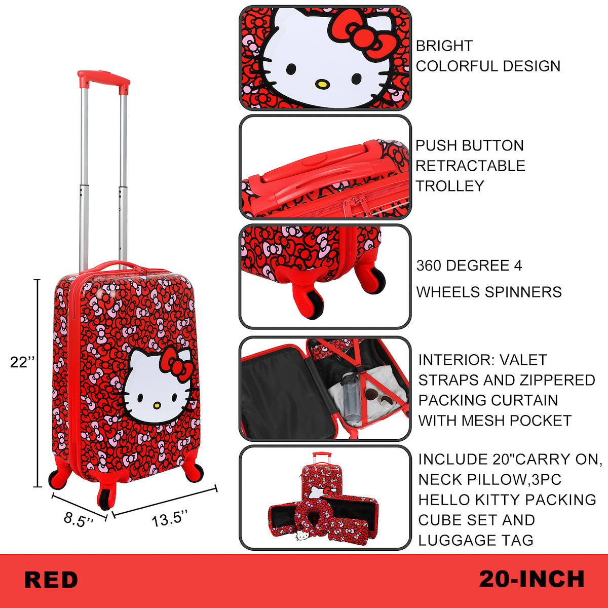 Hello Kitty 6-Piece Travel Set - 20" Luggage, Neck Pillow, Luggage Tag & Packing Cubes