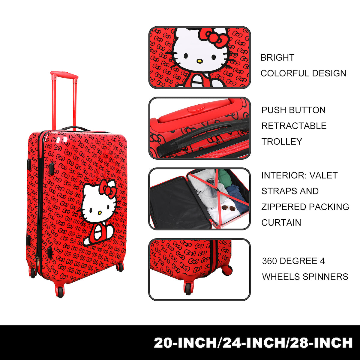 Hello Kitty 3-Piece Luggage Set - 20", 24", and 28" Rolling Suitcases